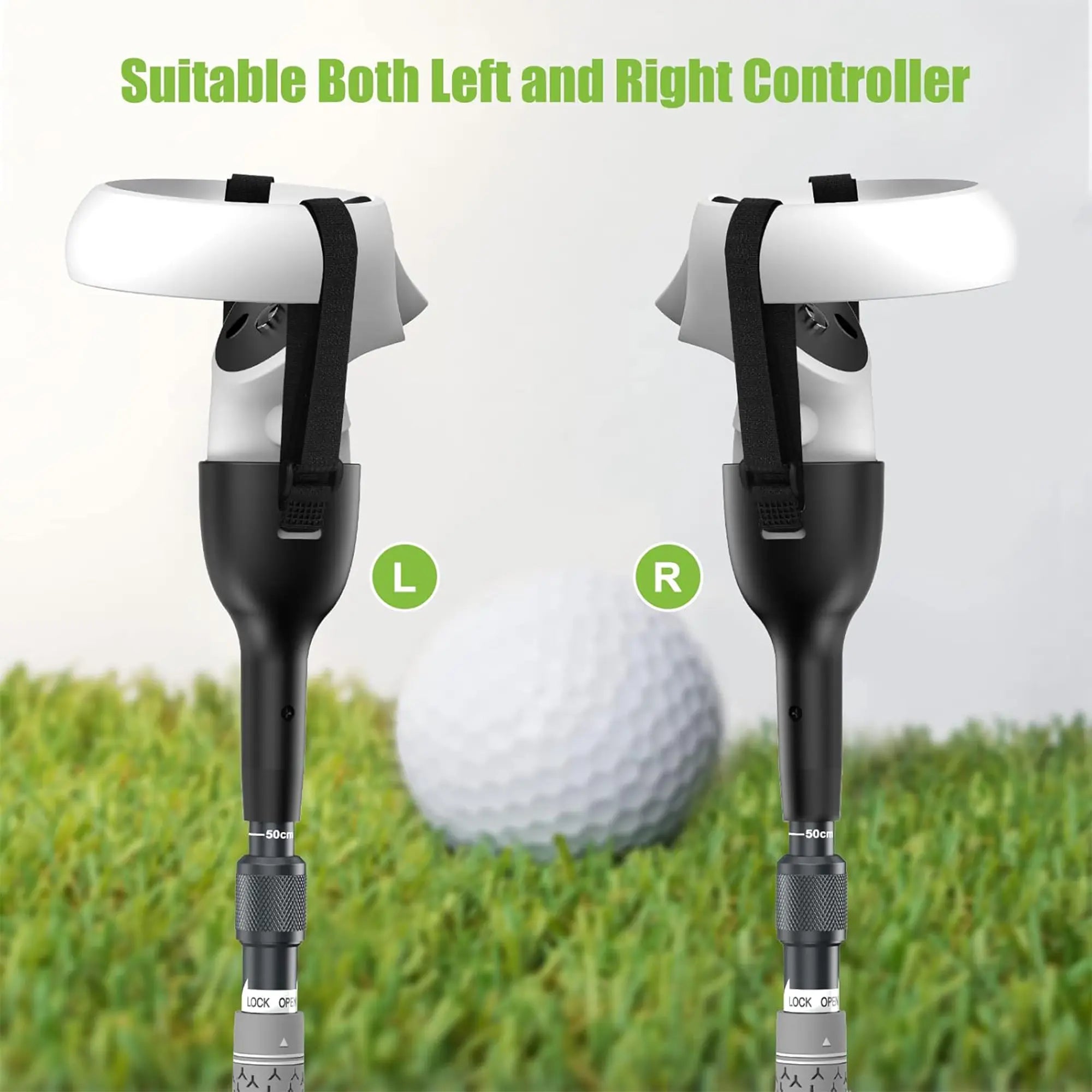Two golf club heads with straps, labeled 'L' and 'R', on a grass background with a golf ball.