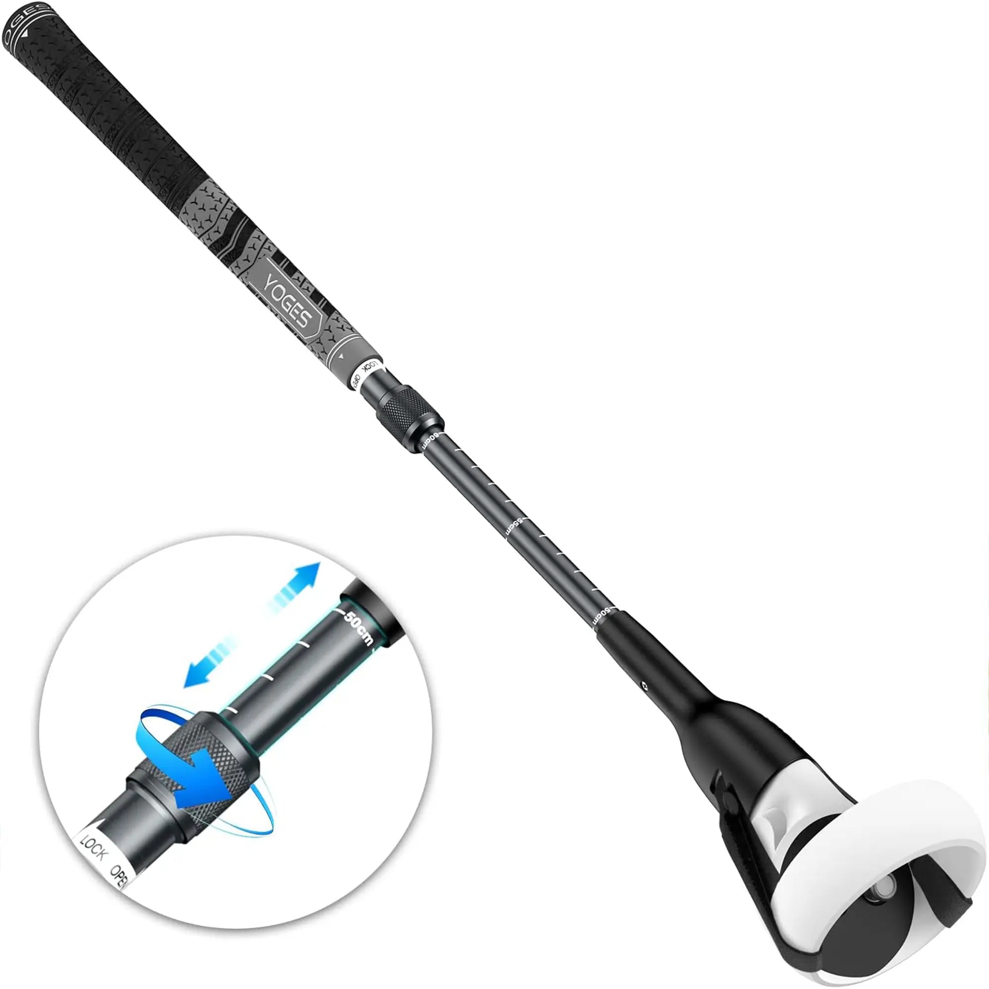 Close-up of a black telescopic VR golf club shaft for Quest 2 highlighting the twist-lock mechanism and etched scale markings for precise length adjustment.