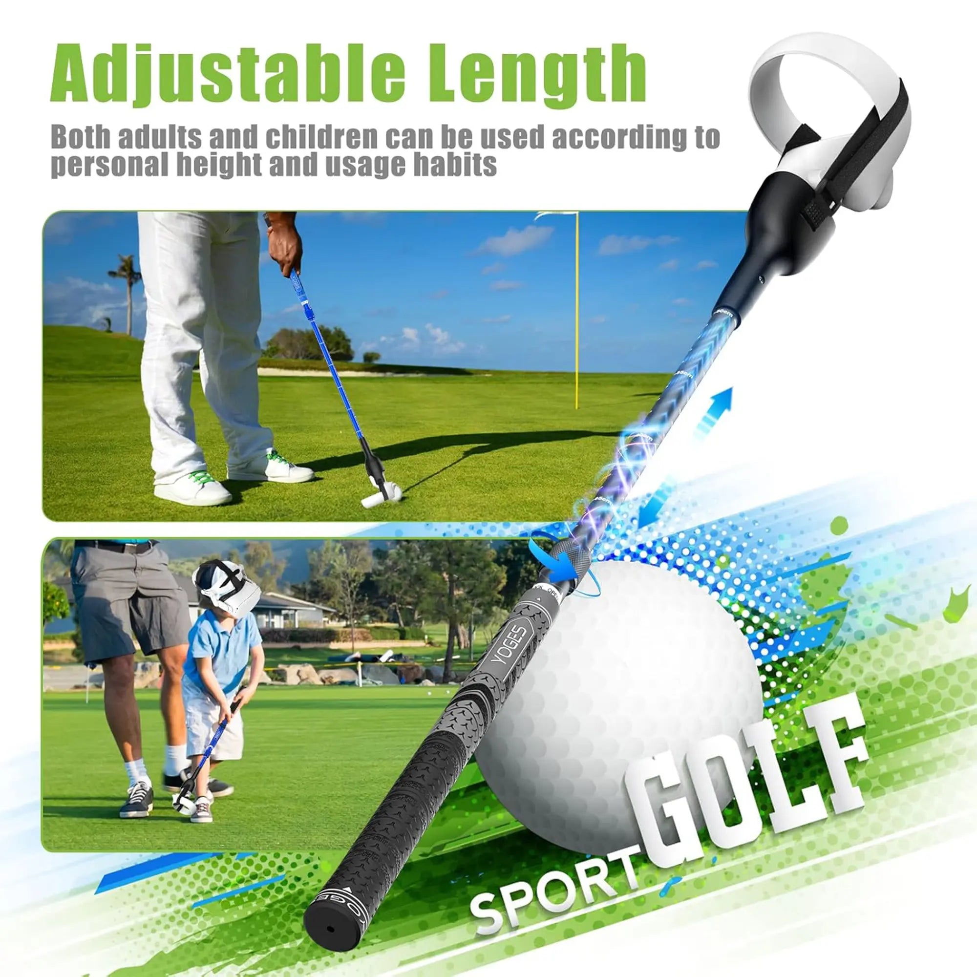 Golf club with adjustable length feature on a golf course background