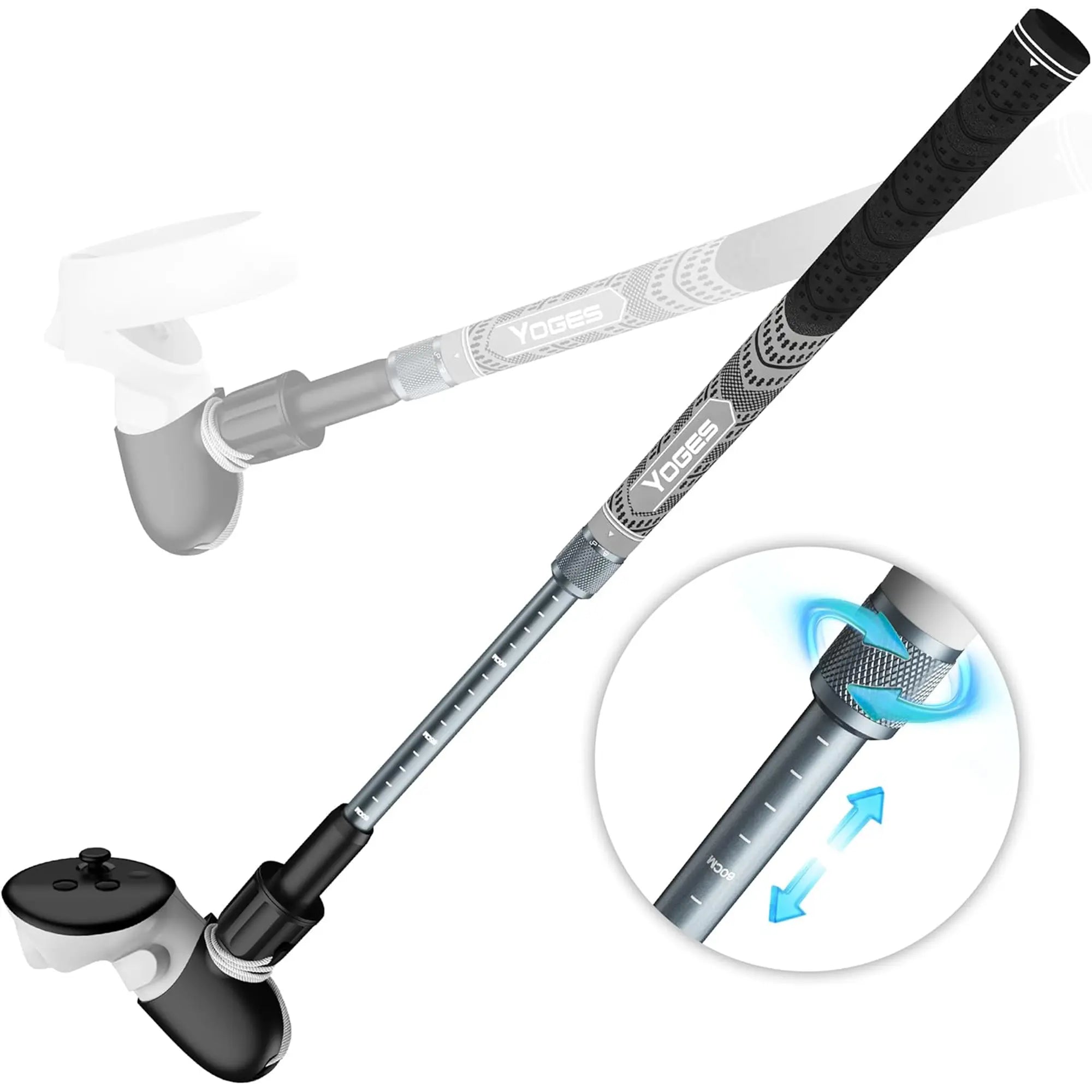 Adjustable length VR golf club handle for Meta Quest 3 featuring a telescopic shaft suitable for both adult and youth height calibration.