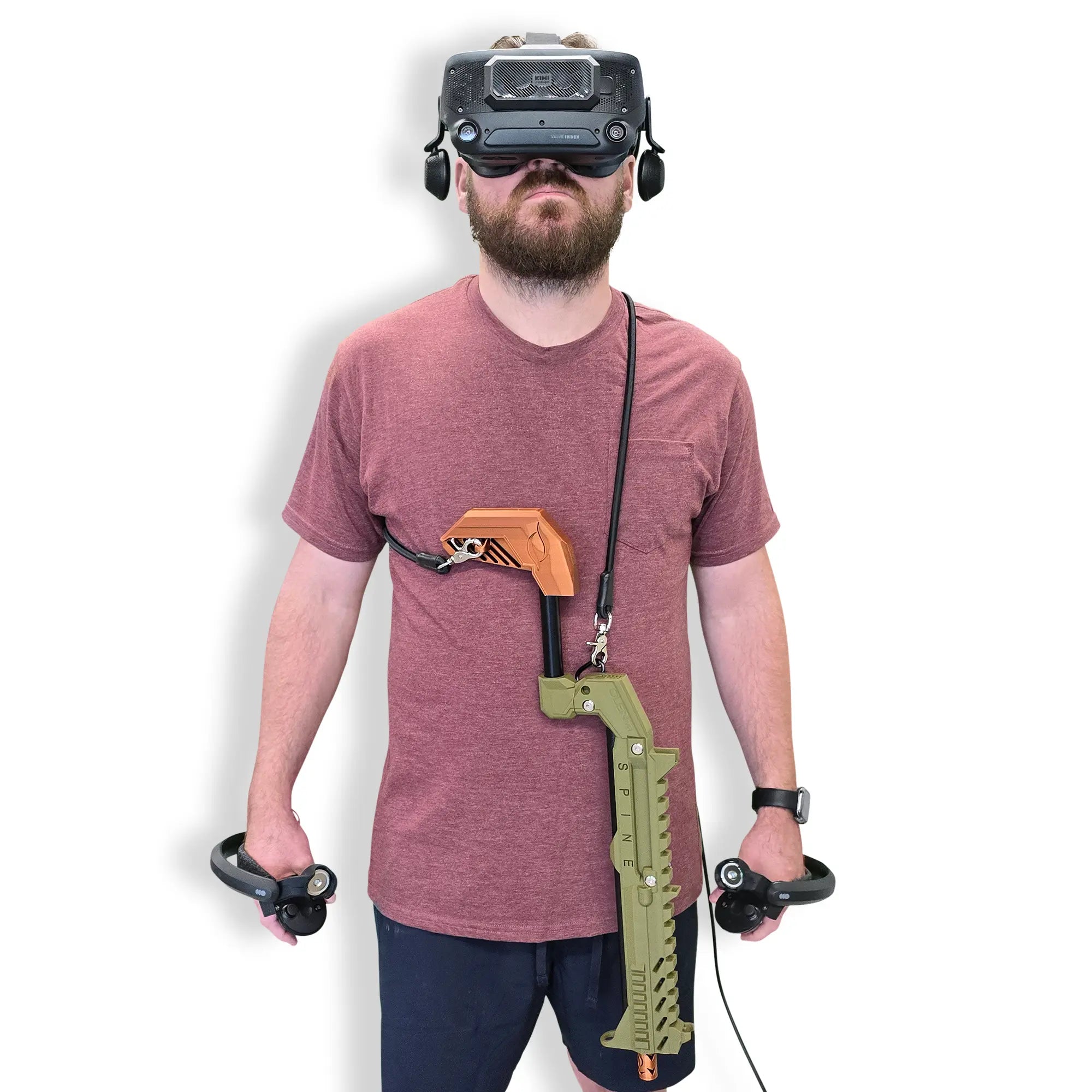 Olen VR Gun Stock Bungee Sling attached to a gunstock worn by a man wearing a Valve Index gaming headset