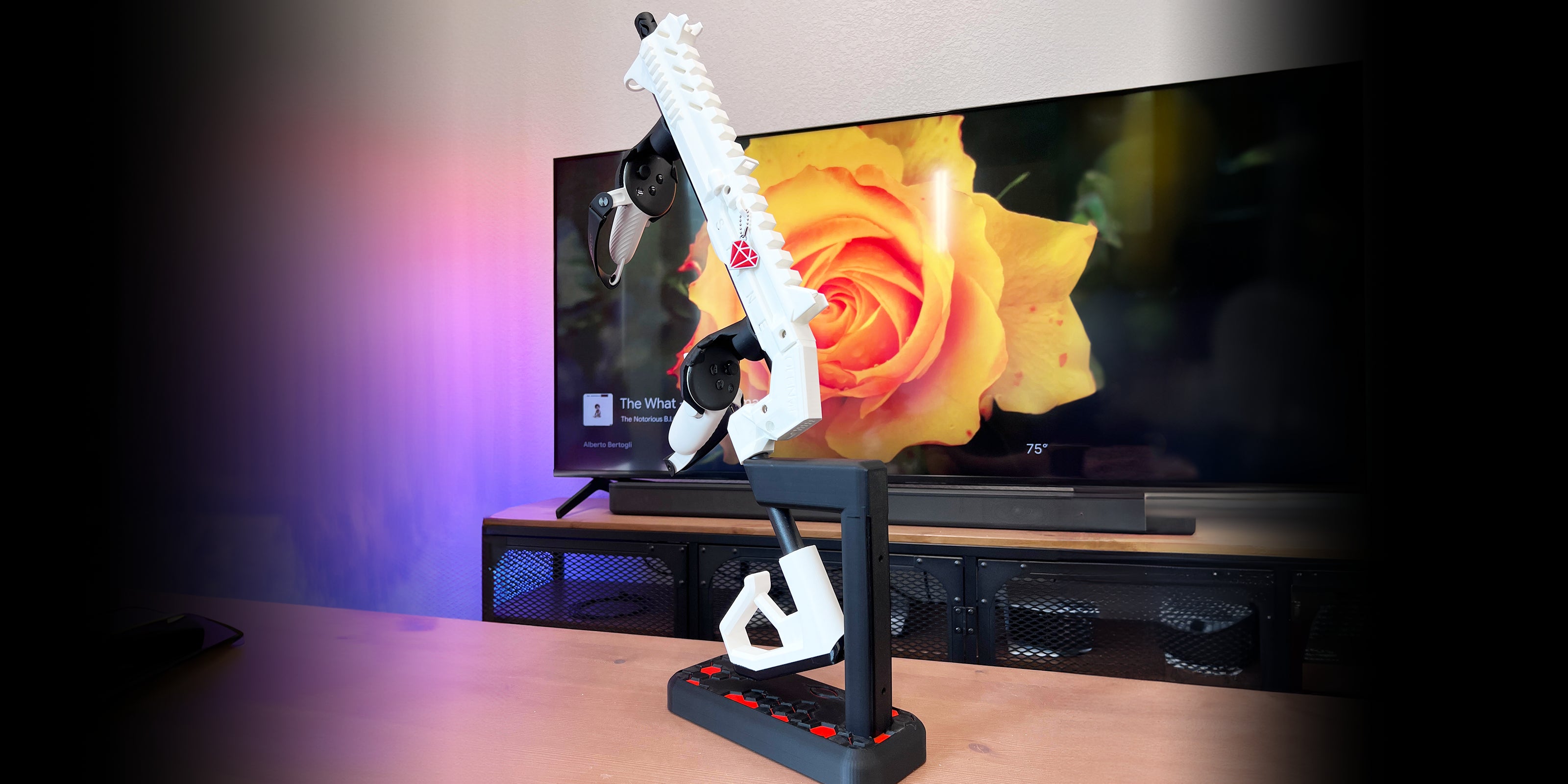 Spine VR Gun Stock with Meta Quest 3 Controllers Attached on Display Using A Stand for Mobile