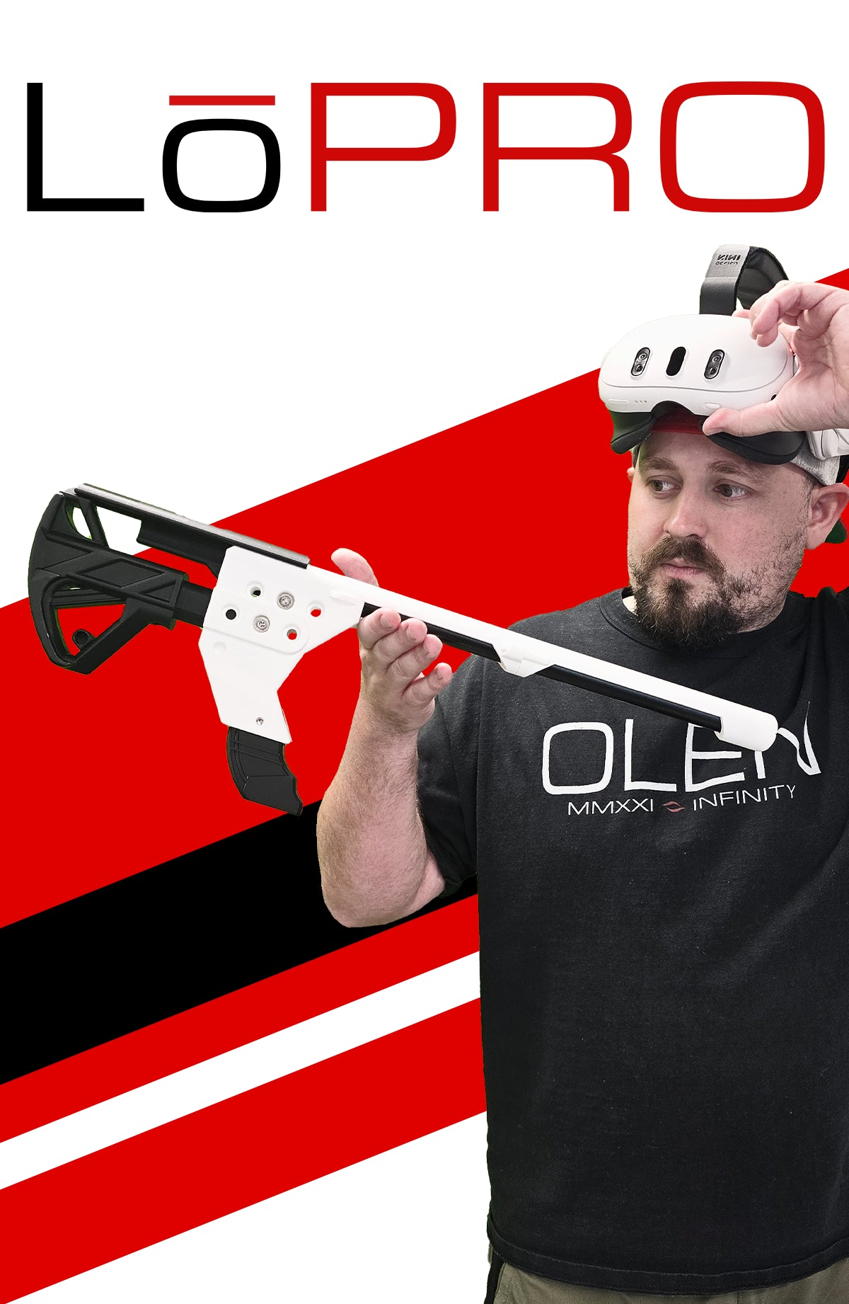 Man wearing a Meta Quest 3 virtual reality headset while balancing a Lopro vr gun stock on his hand