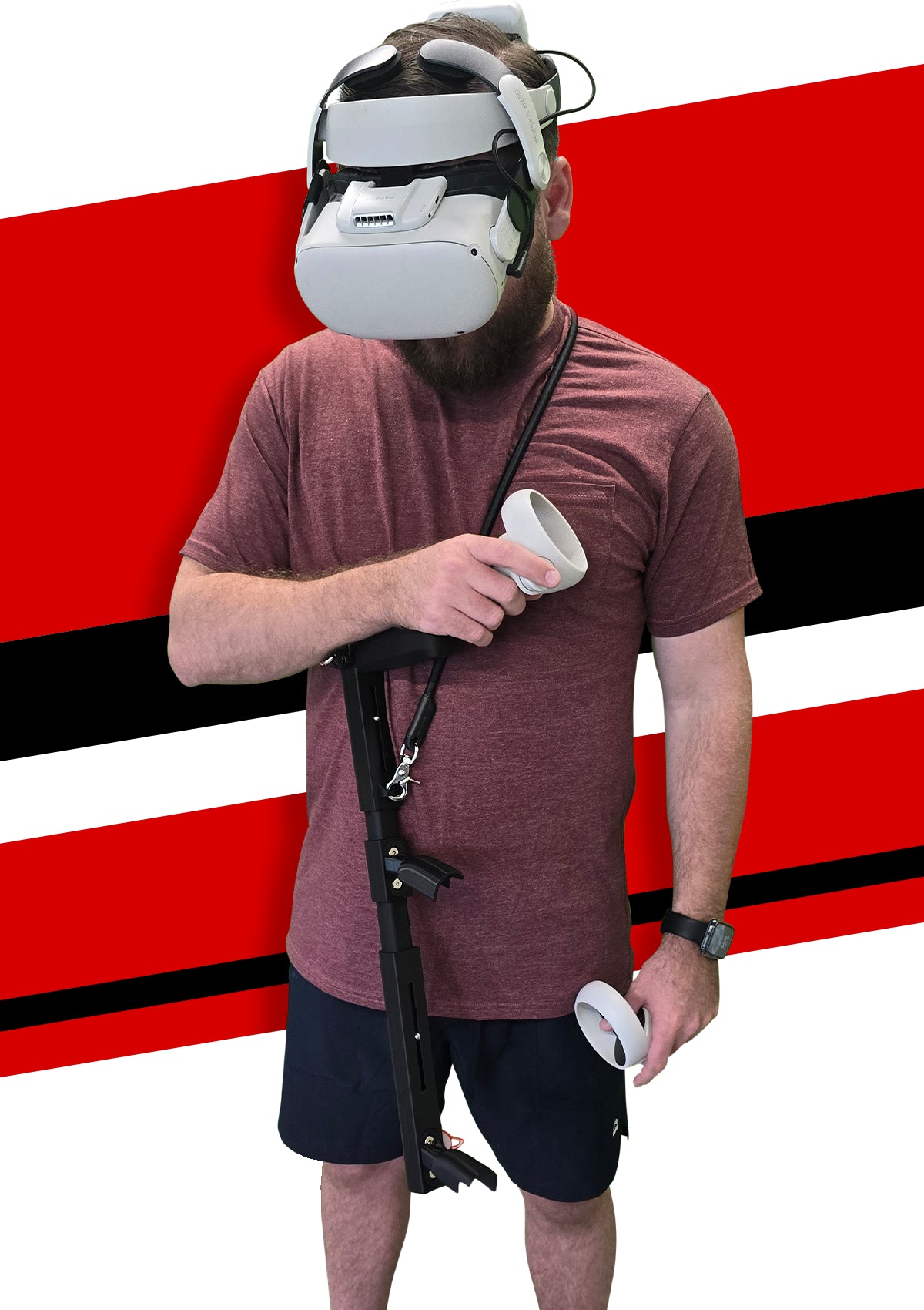 Man Posing With The Asset VR Gun Stock Wearing Meta Quest 2 Virtual Reality Headset