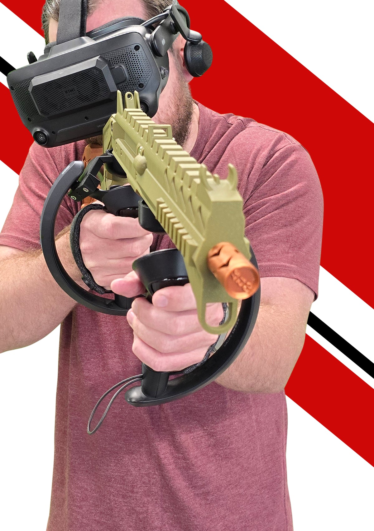 Man Wearing Valve Index Virtual Reality Headset Holding the Spine VR Gun Stock Accessory