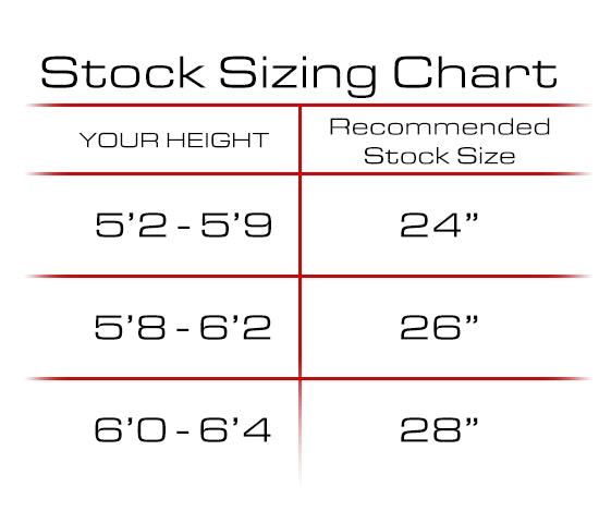 Spine VR gun stock sizing chart with heights ranging from 5'2 to 6'4