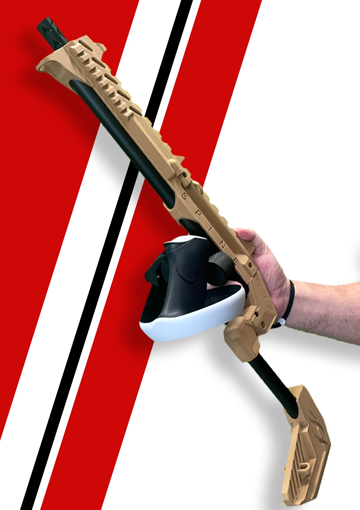 Man Holding Spine VR Gun Stock With PSVR2 Virtual Reality Controller Attached