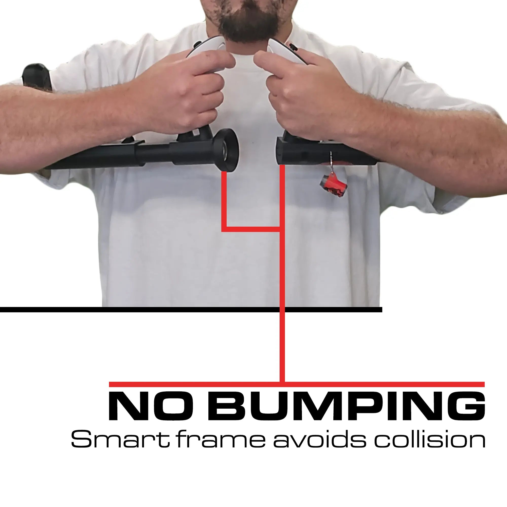 Person holding a VR Gunstock with text 'No Bumping' on a white background