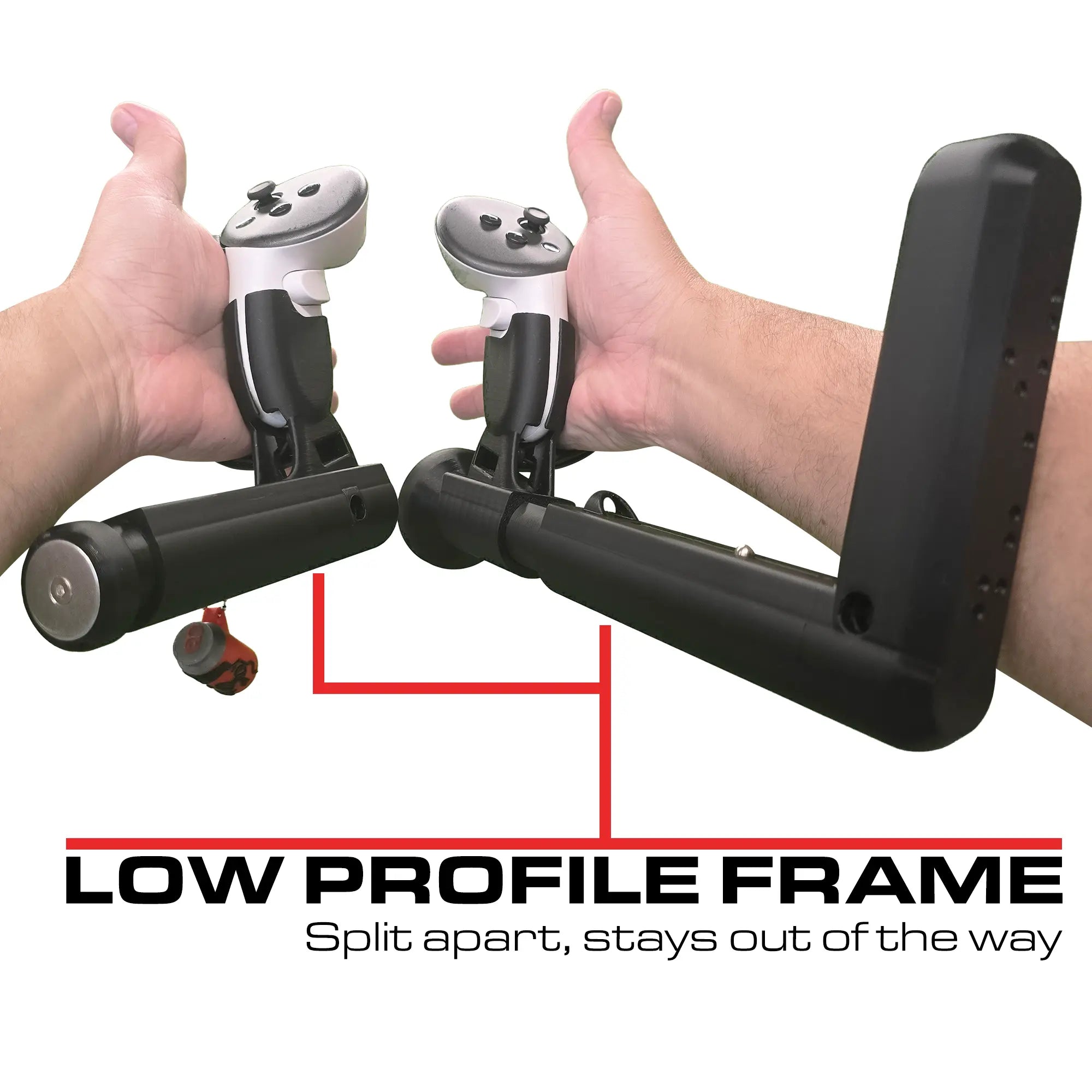 Two hands holding a VR Gunstock with a low profile frame with text indicating its features.