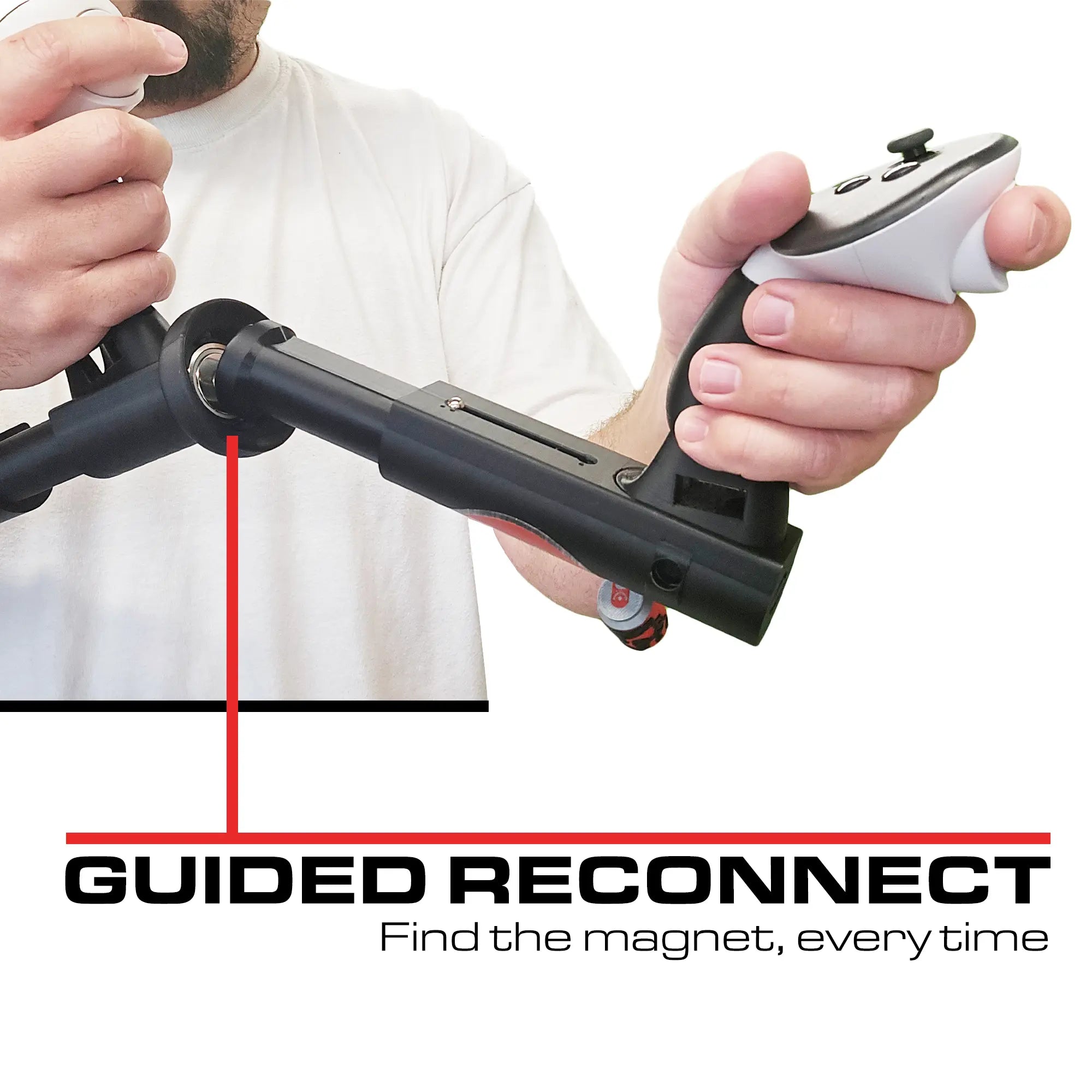 Person using a VR Gunstock with 'Guided Reconnect' text on a white background