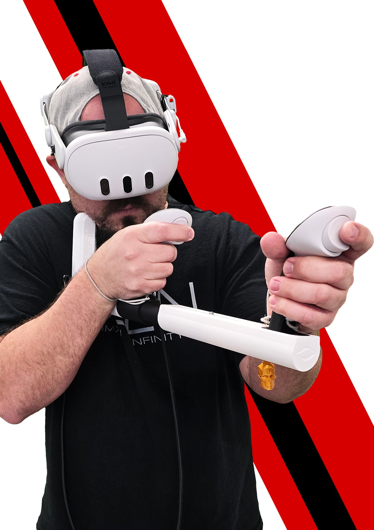 Man Wearing Meta Quest 3 Virtual Reality Headset Holding The Asset VR Gun Stock