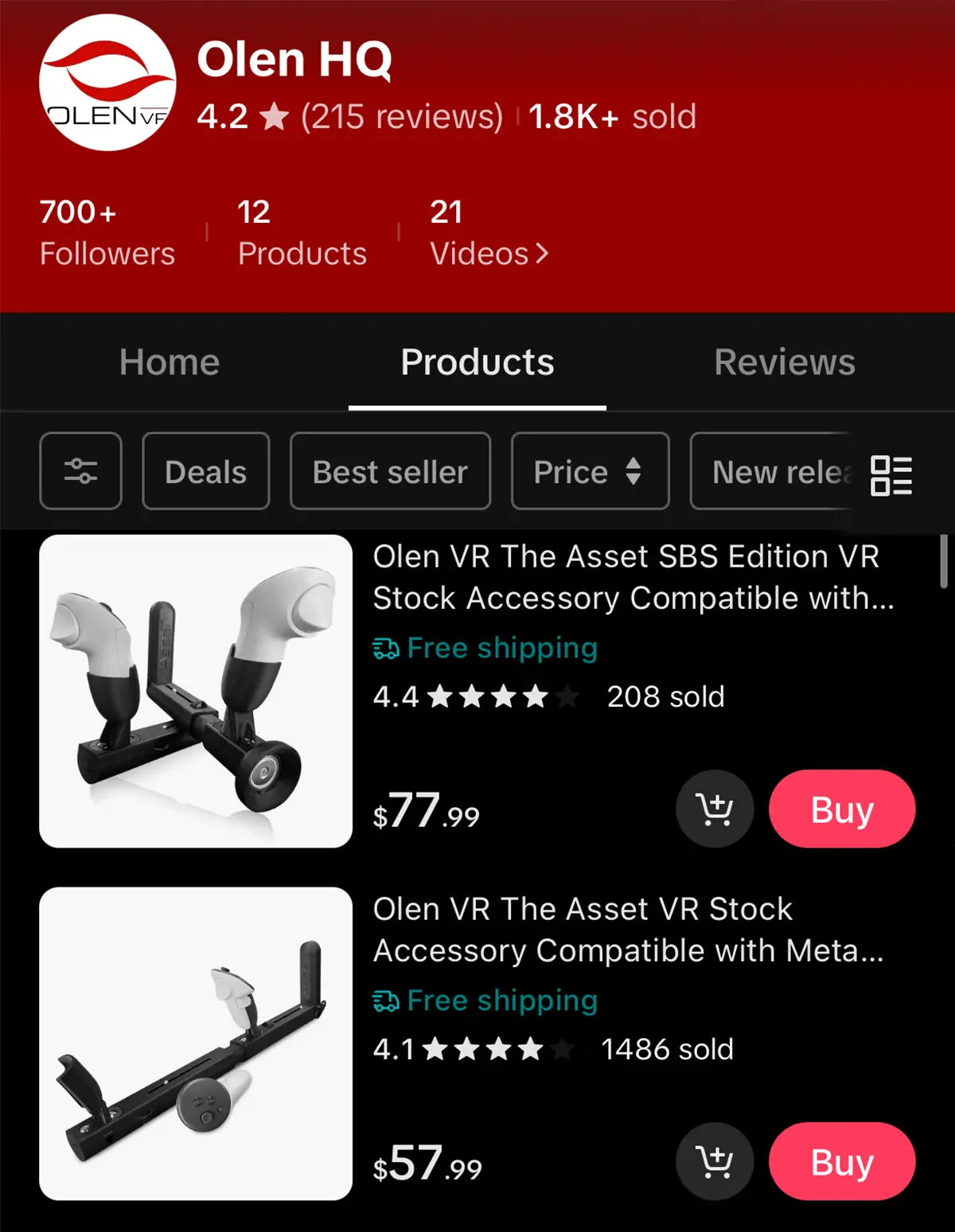 Olen VR tiktok shop homepage showing products and reviews
