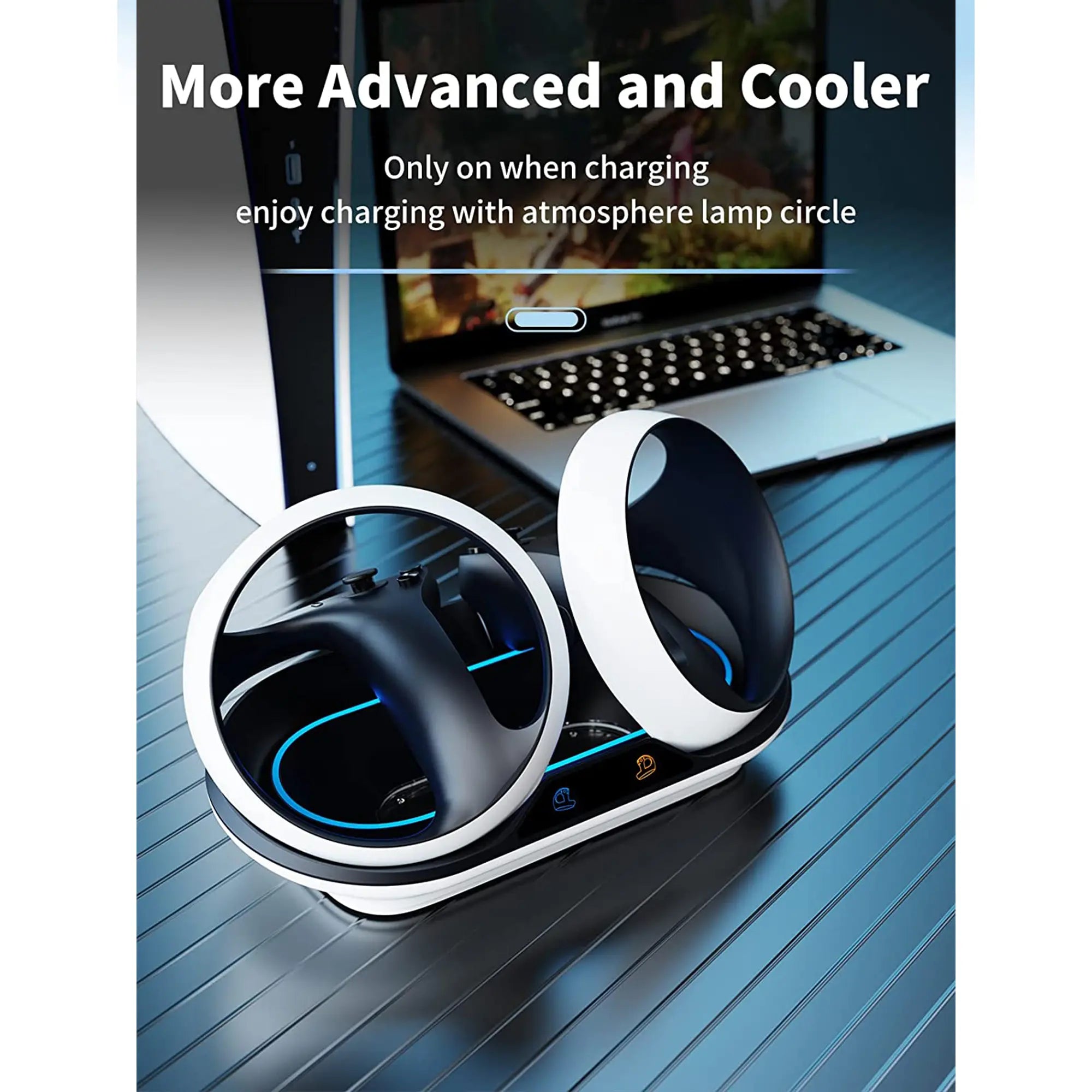 A sleek, futuristic charging station with circular lights charges two game controllers next to a laptop on a reflective surface, perfect for enhancing your gaming setup or storing VR accessories.