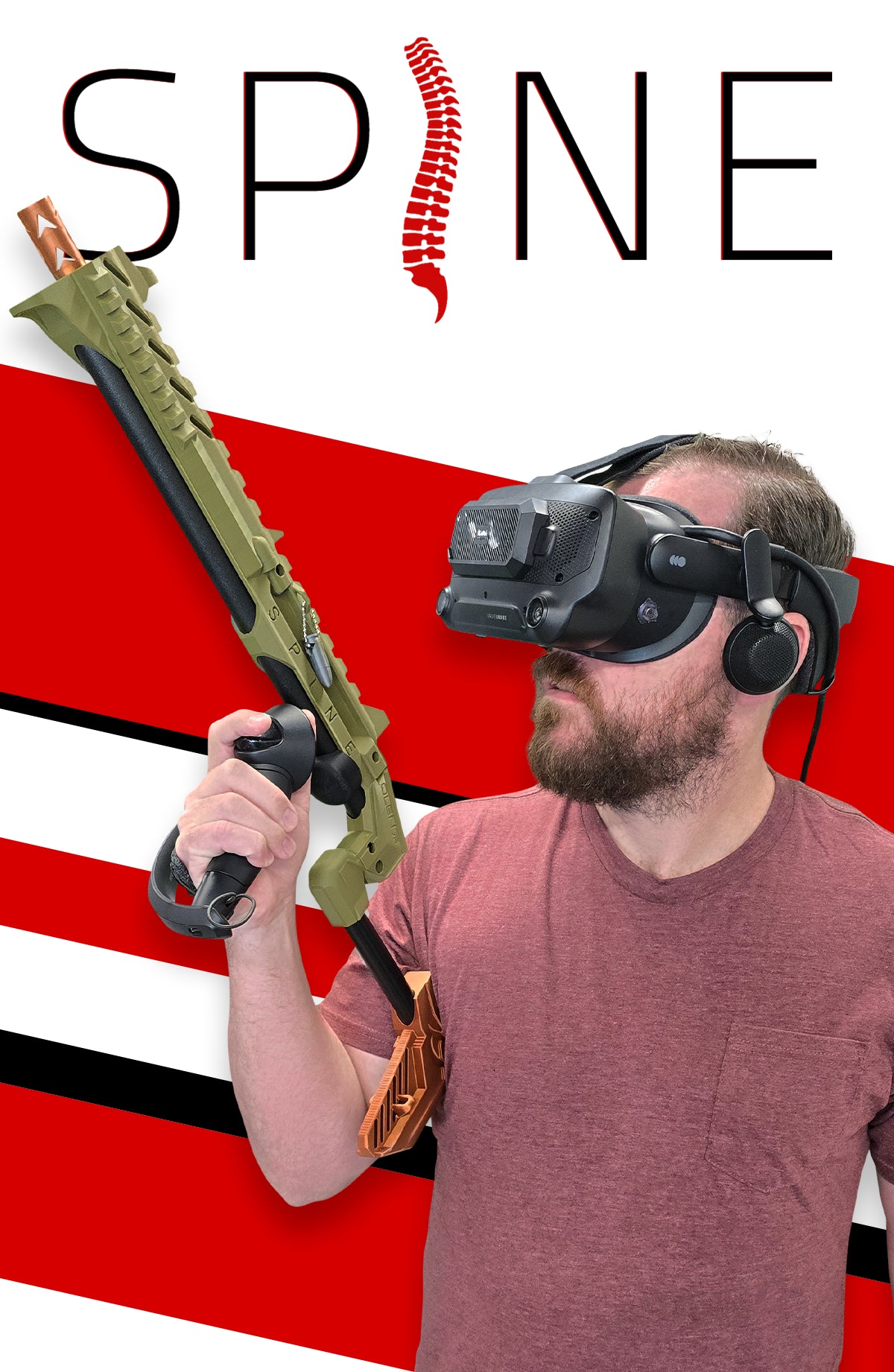 Man wearing a Valve Index virtual reality headset while holding up a Spine vr gun stock