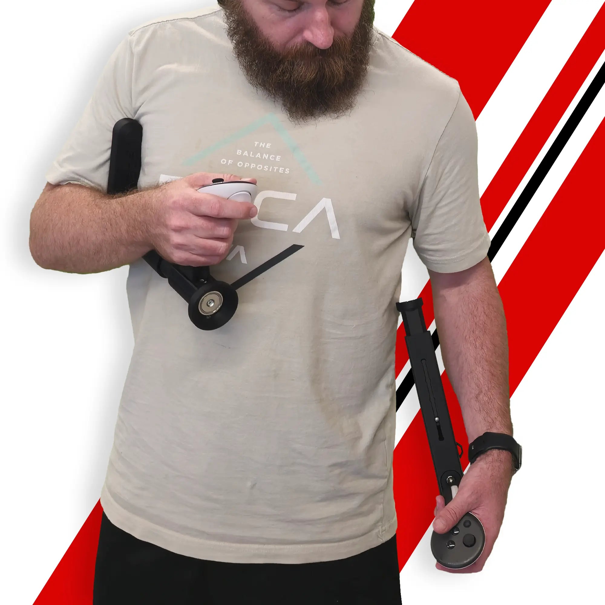 Man gripping Meta Quest 3 controllers attached to the SBS Edition Asset VR Gun Stock in Onyx