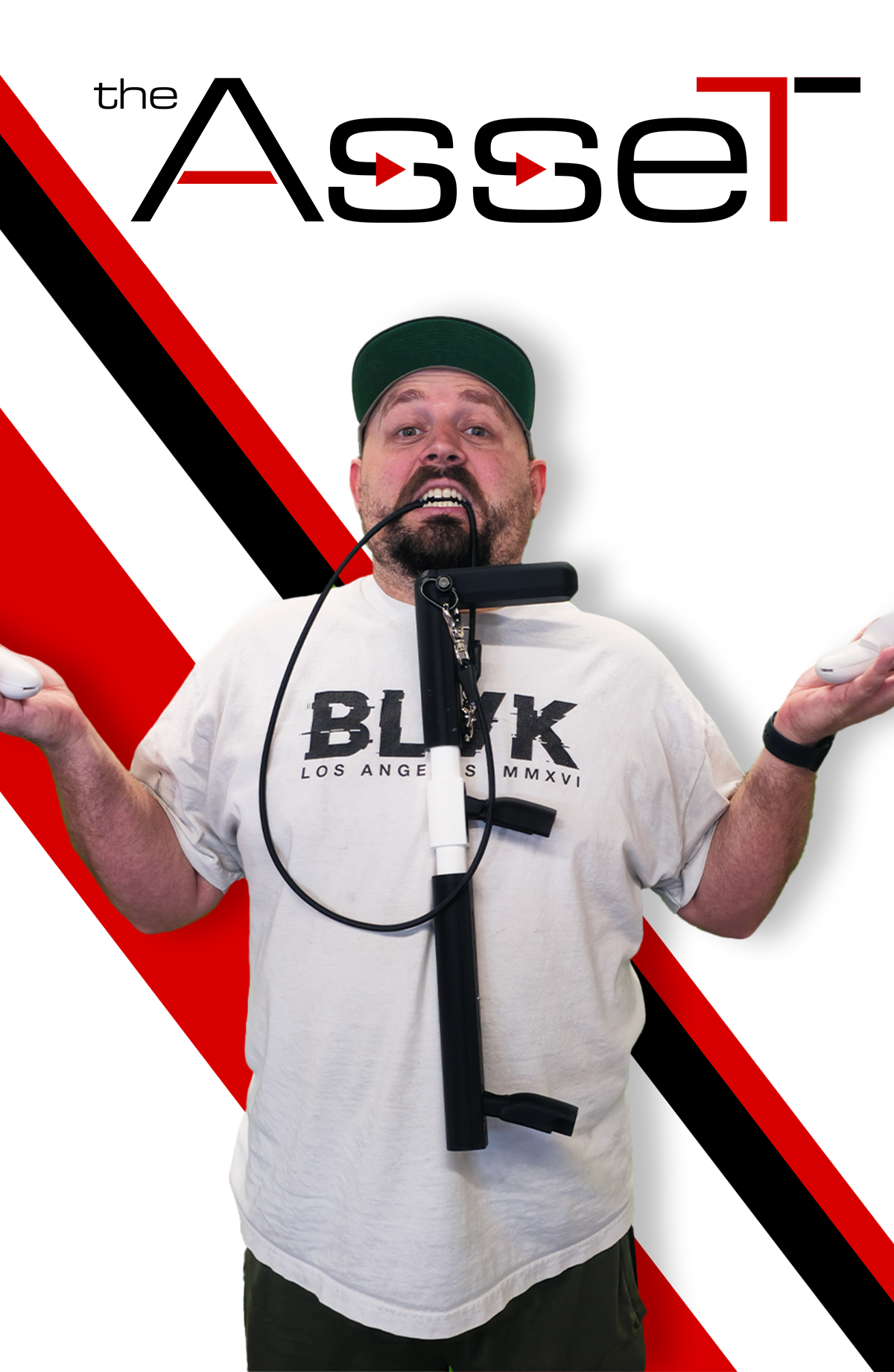 Man standing with The Asset VR Gun Stock hanging from his teeth