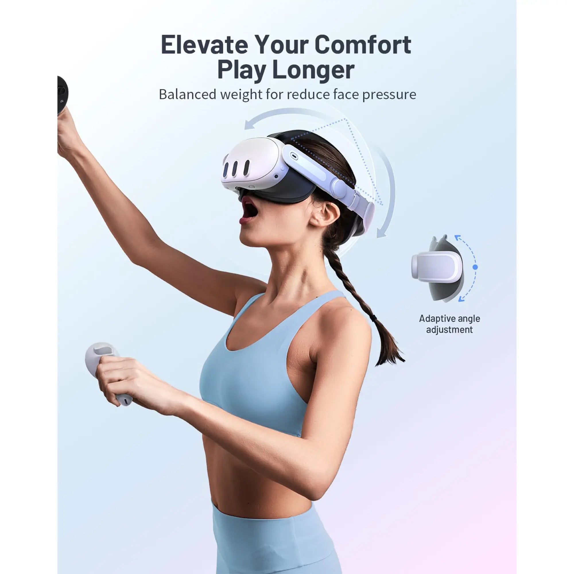Person in a blue outfit using a VR headset and controllers, showcasing the latest in VR accessories with balanced weight and adaptive angle adjustment for an optimal gaming experience.