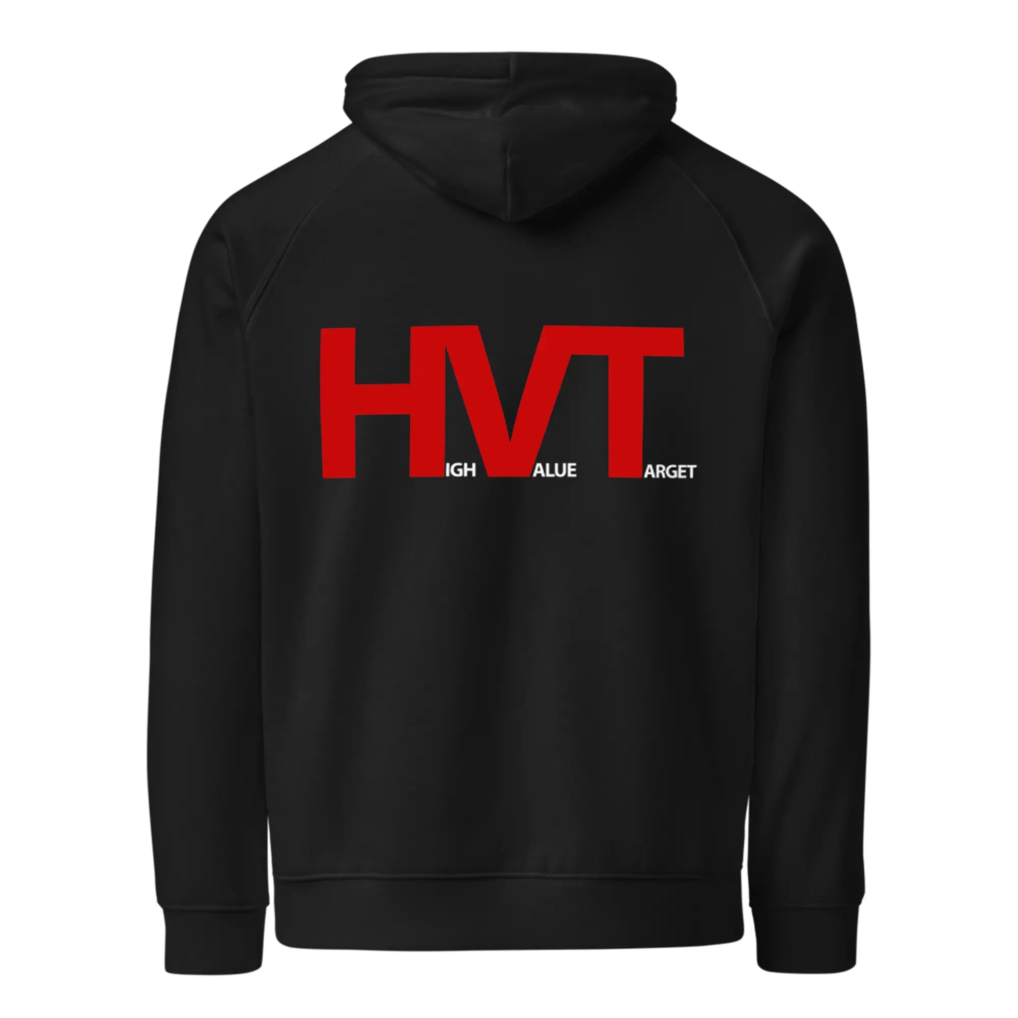 Black hoodie with red 'HVT' logo on the back against a white background