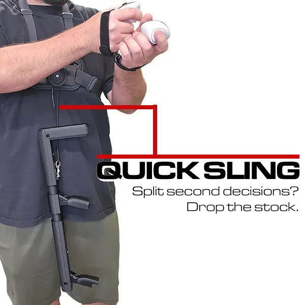VR player dropping Asset gunstock attached to CRIG Mod chest harness using quick-release safety bungee for hands-free movement.