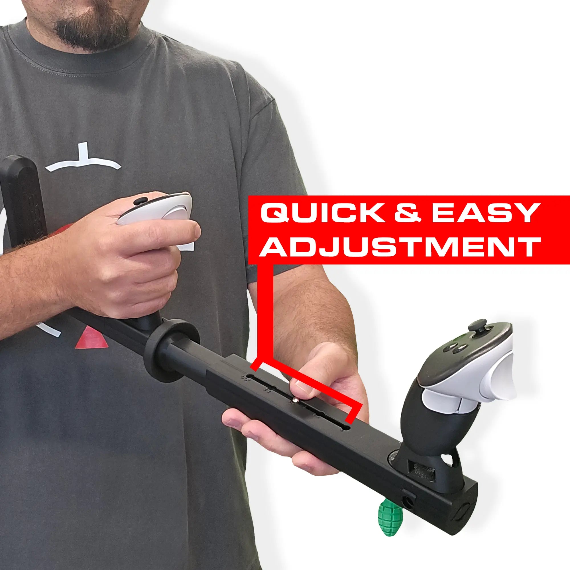 Person adjusting an Asset SBS VR Gunstock with text 'Quick & Easy Adjustment' on a white background