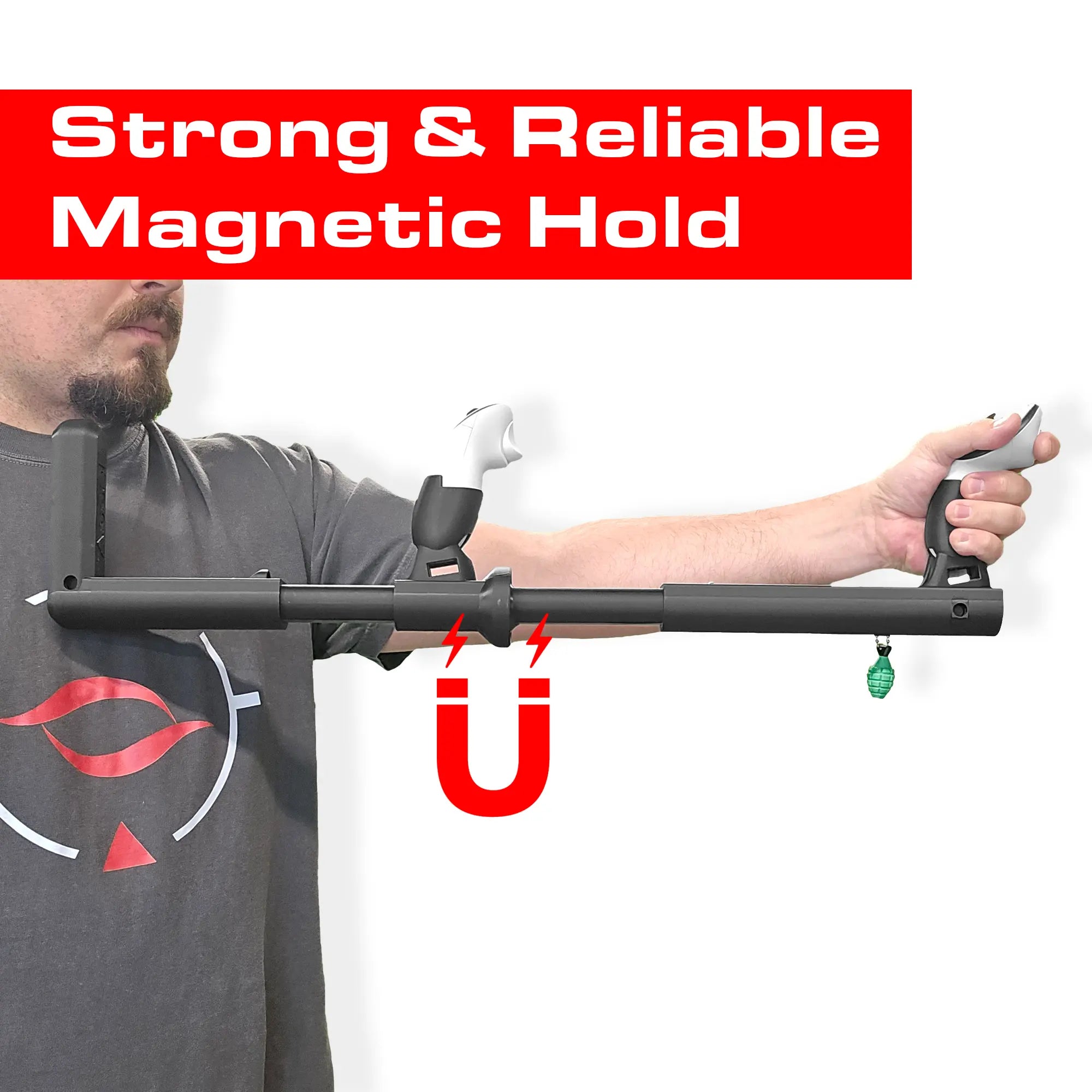 Person holding a black Asset SBS VR Gunstock with a magnetic holder, emphasizing 'Strong & Reliable Magnetic Hold' on a red banner.