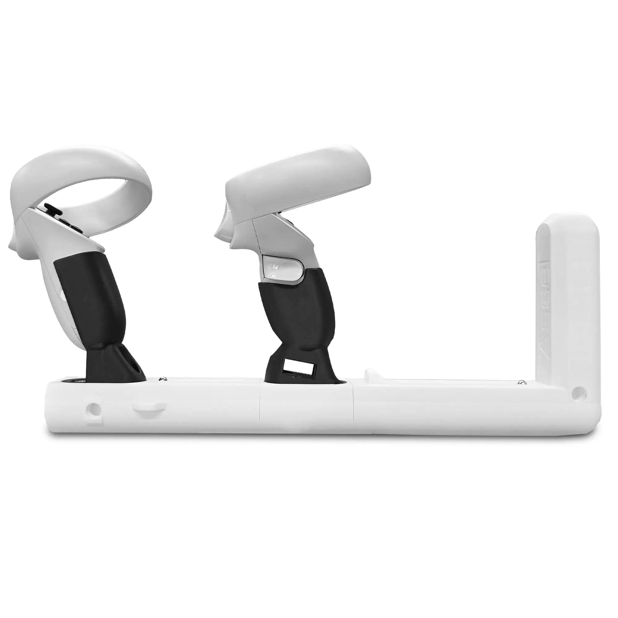 White Asset STKR Edition VR Gunstock with Meta Quest 2 controllers attached to it on a white background