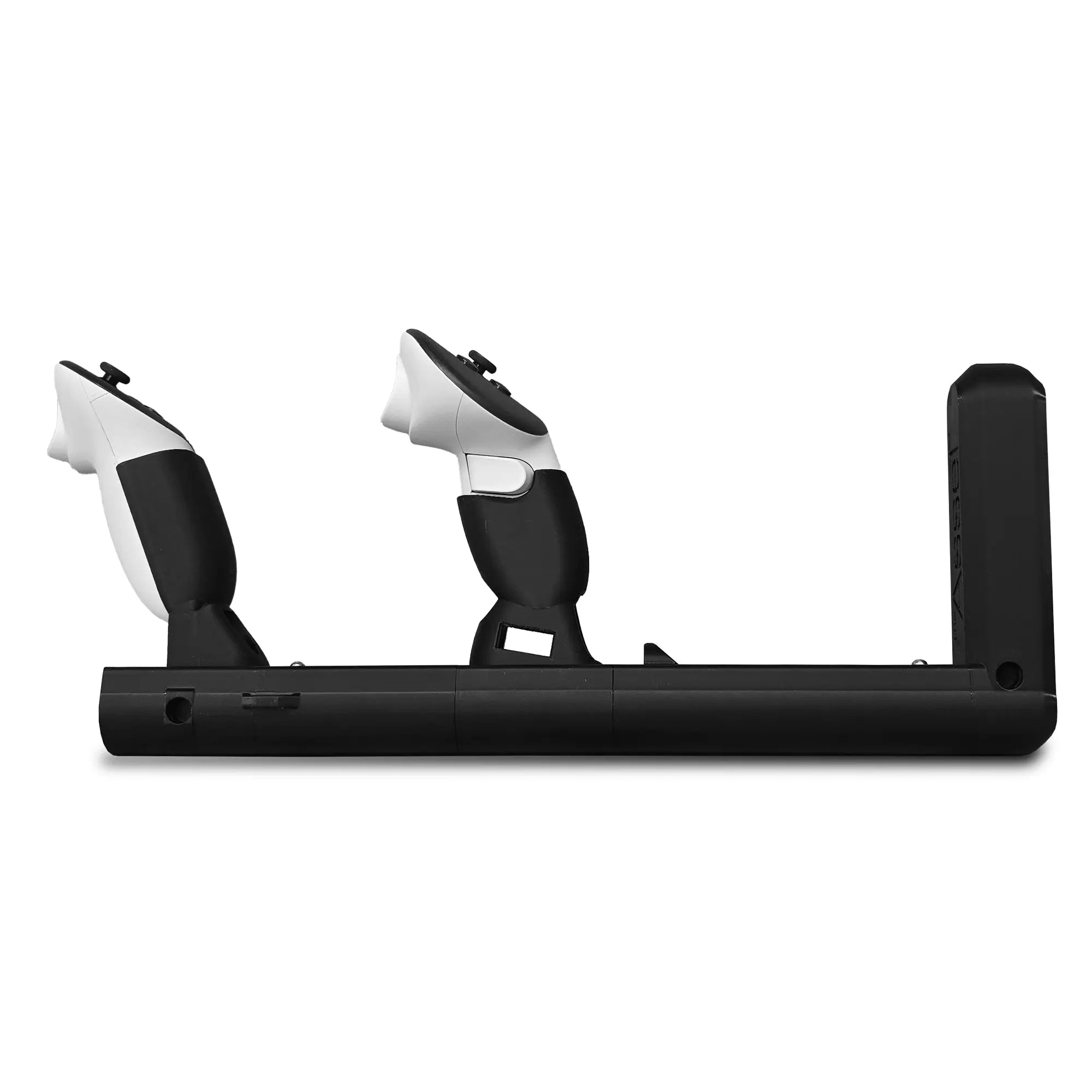 Black Asset STKR Edition VR Gunstock with Meta Quest 3 controllers attached to it on a white background