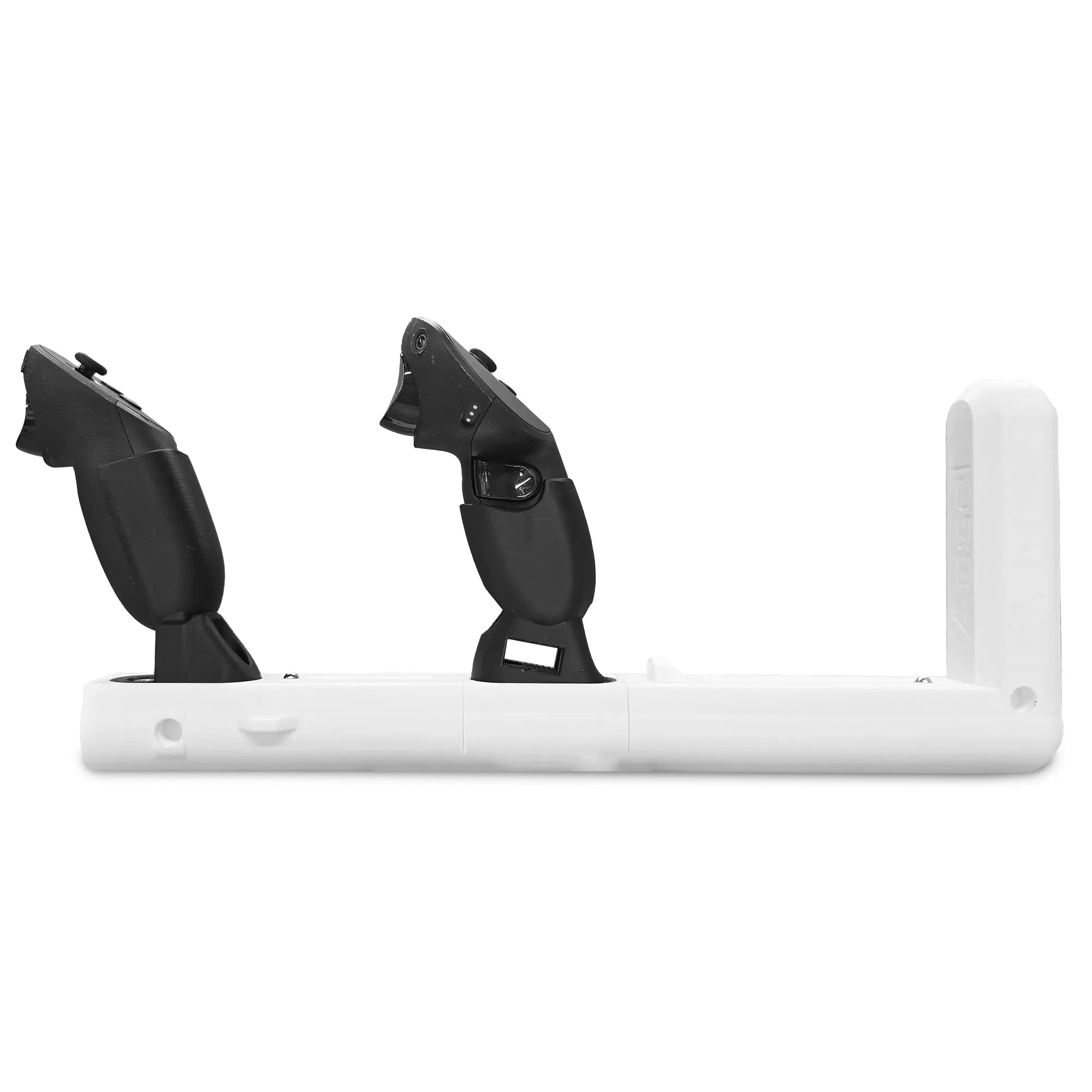 White Asset STKR Edition VR Gunstock with Meta Quest Pro controllers attached to it on a white background