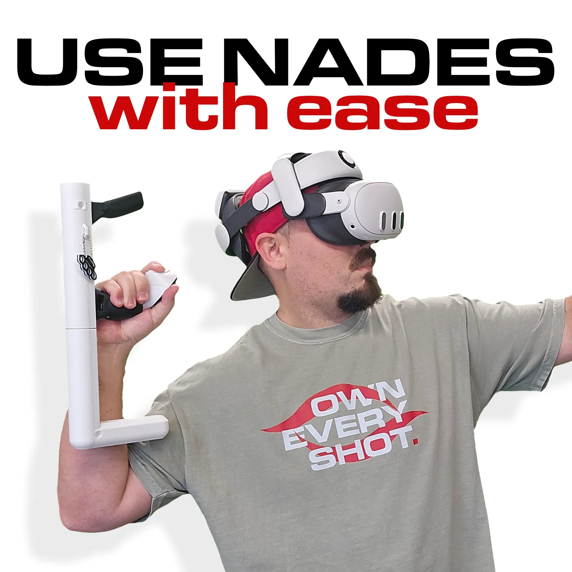 Person wearing a virtual reality headset holding the Asset VR gunstock with text 'USE NADES with ease' and 'OWN EVERY SHOT.' on a white background.
