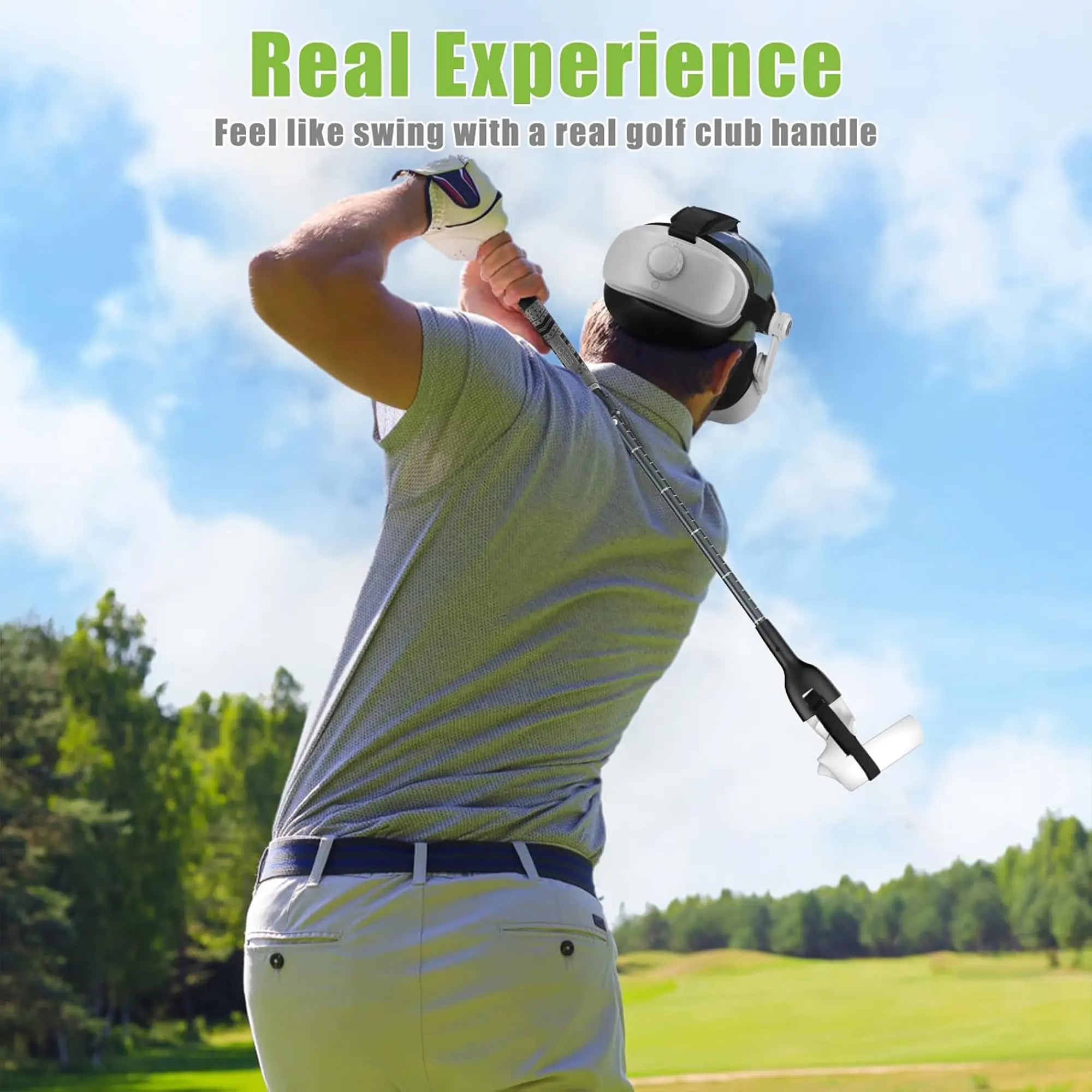 Person swinging a golf club with text 'Real Experience' and 'Feel like swing with a real golf club handle'.