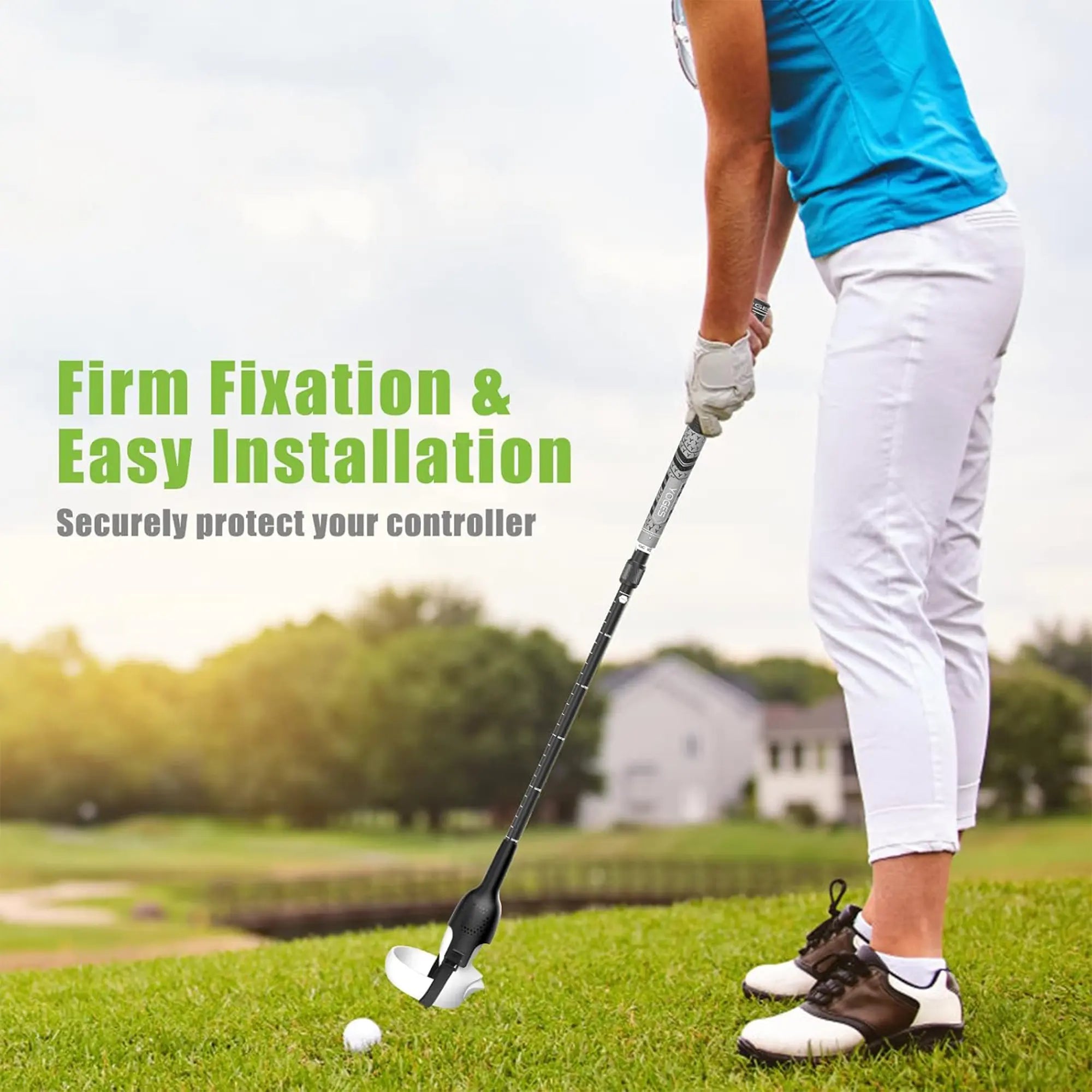 Person on a golf course with text about controller protection