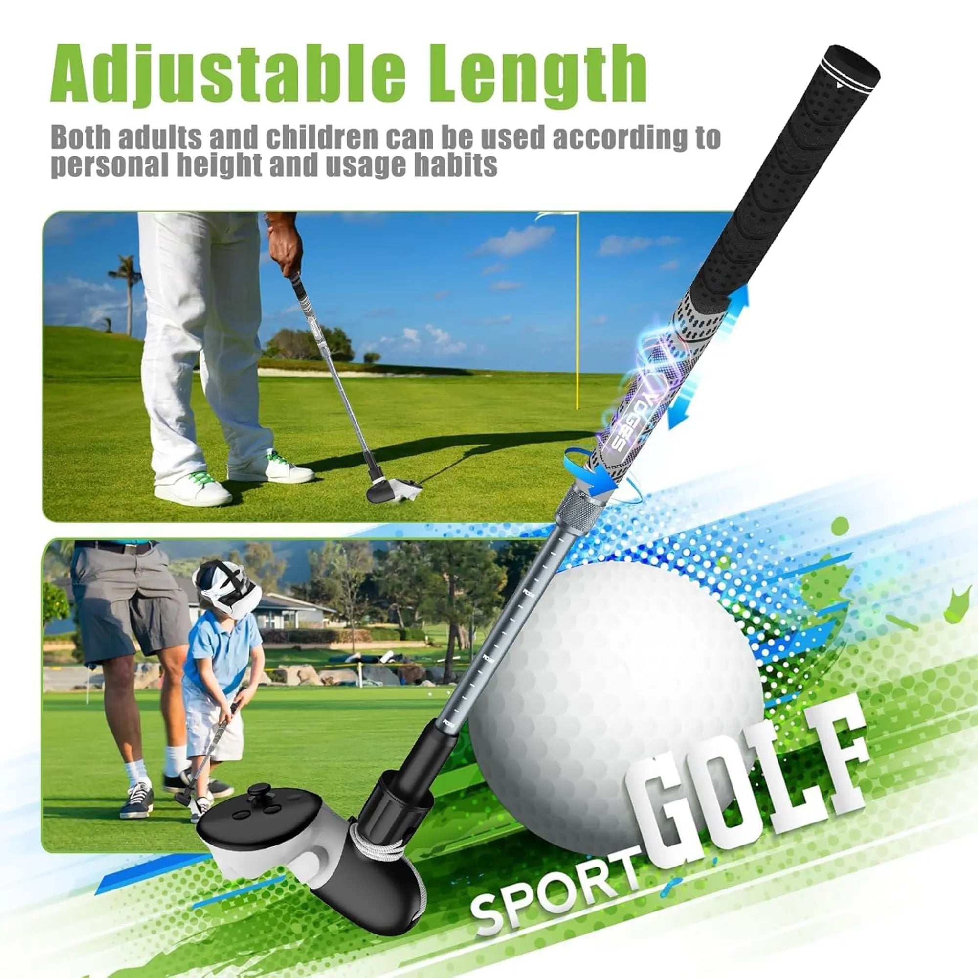 Golf club with adjustable length feature on a golf course background