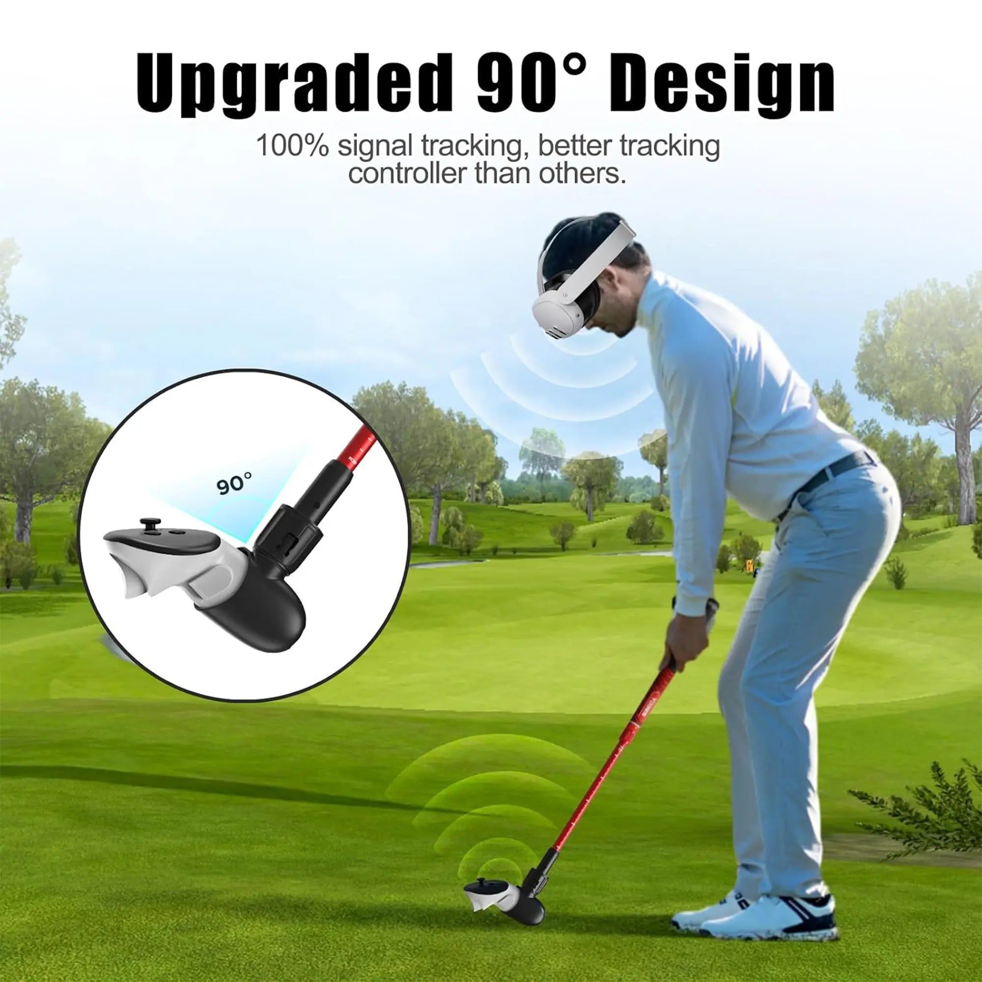 Man on a golf course with a golf tracker device, text 'Upgraded 90° Design' and '100% signal tracking, better tracking controller than others.'.