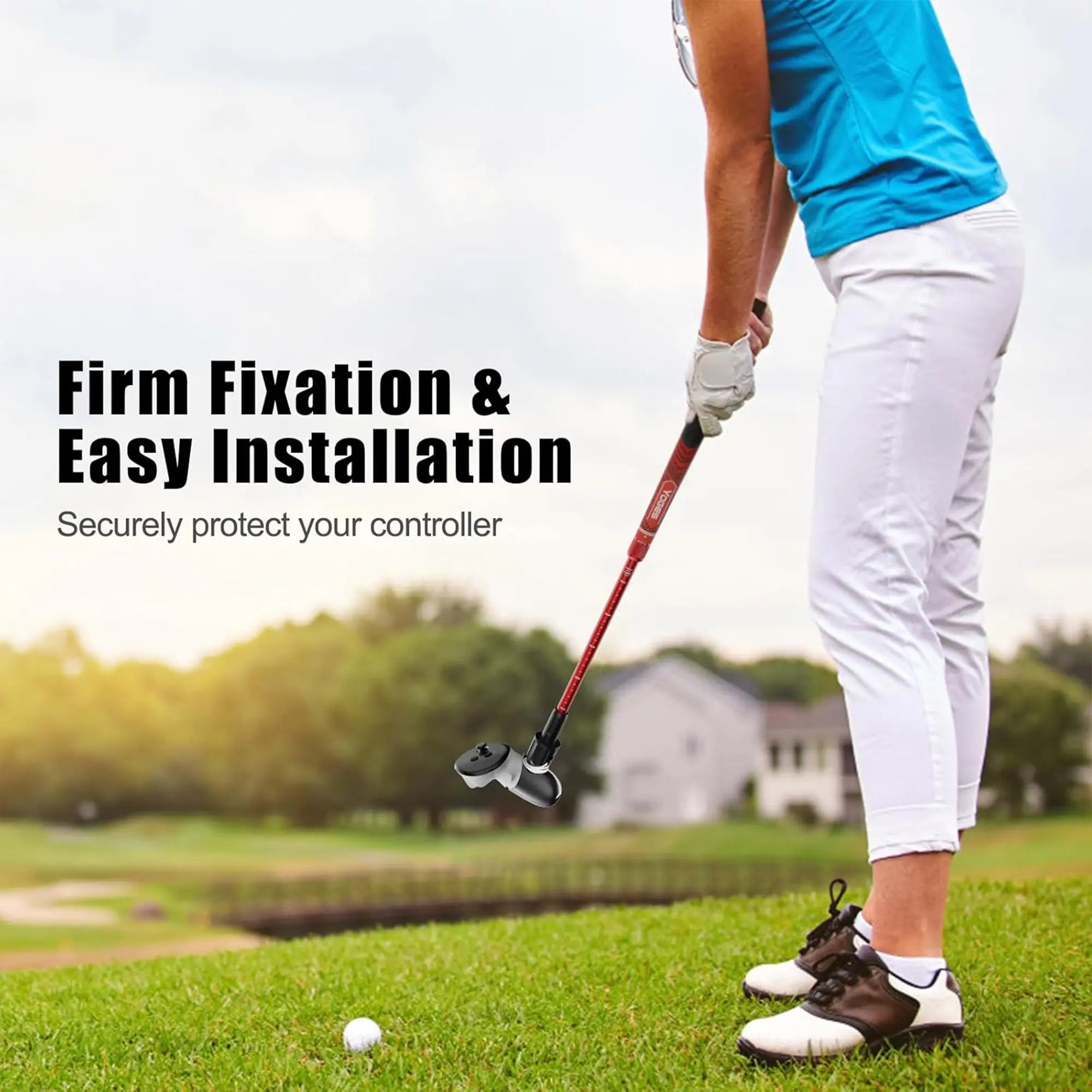 Person on a golf course with text about firm fixation and easy installation
