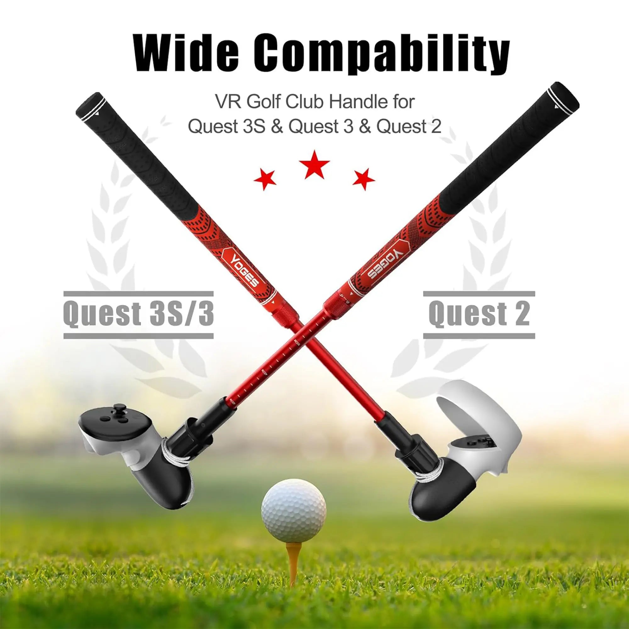 Red VR golf club handle with text on a grassy background