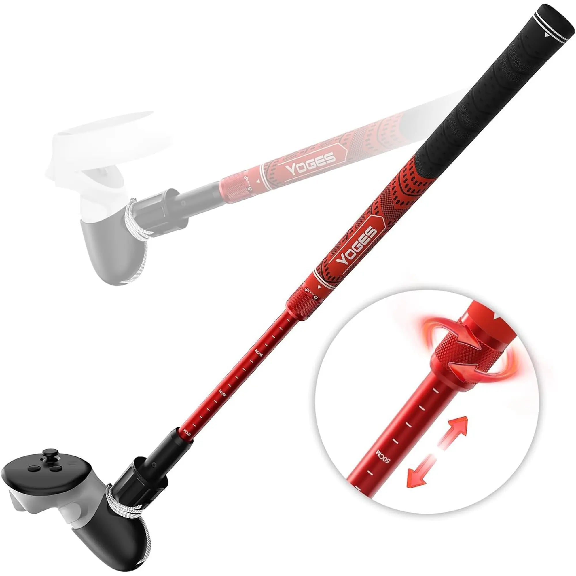 Adjustable length VR golf club handle for Meta Quest 3 in red and black featuring a telescopic shaft suitable for both adult and youth height calibration.