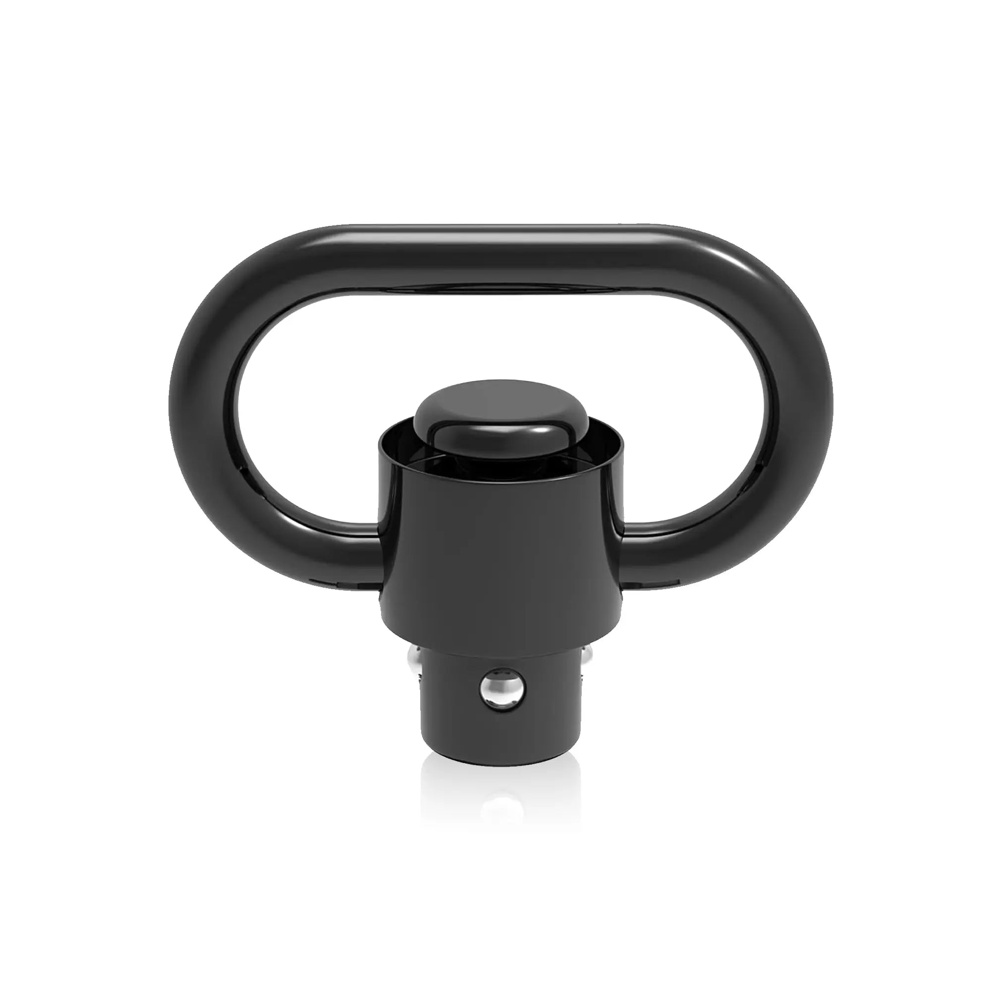 Black metal quick disconnect mount on a white background front facing