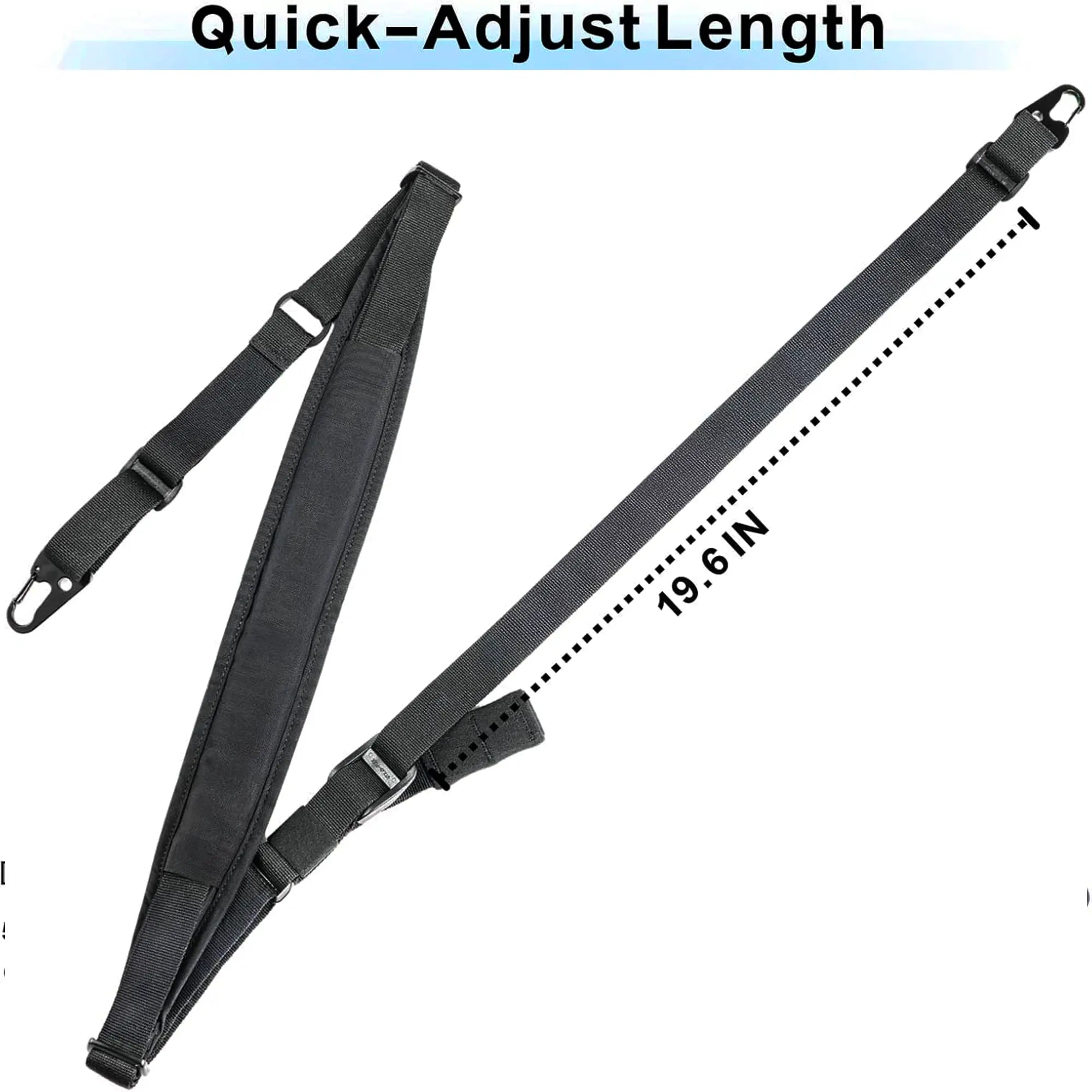 Black adjustable vr gunstock sling with measurement on a white background