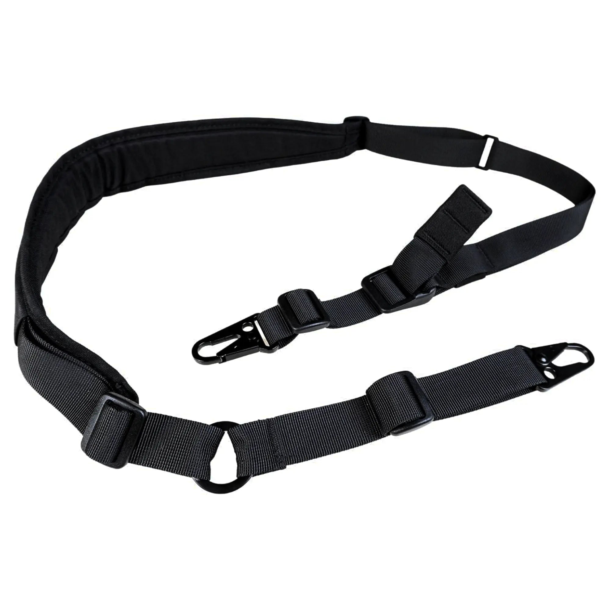 Black tactical sling strap on a white background