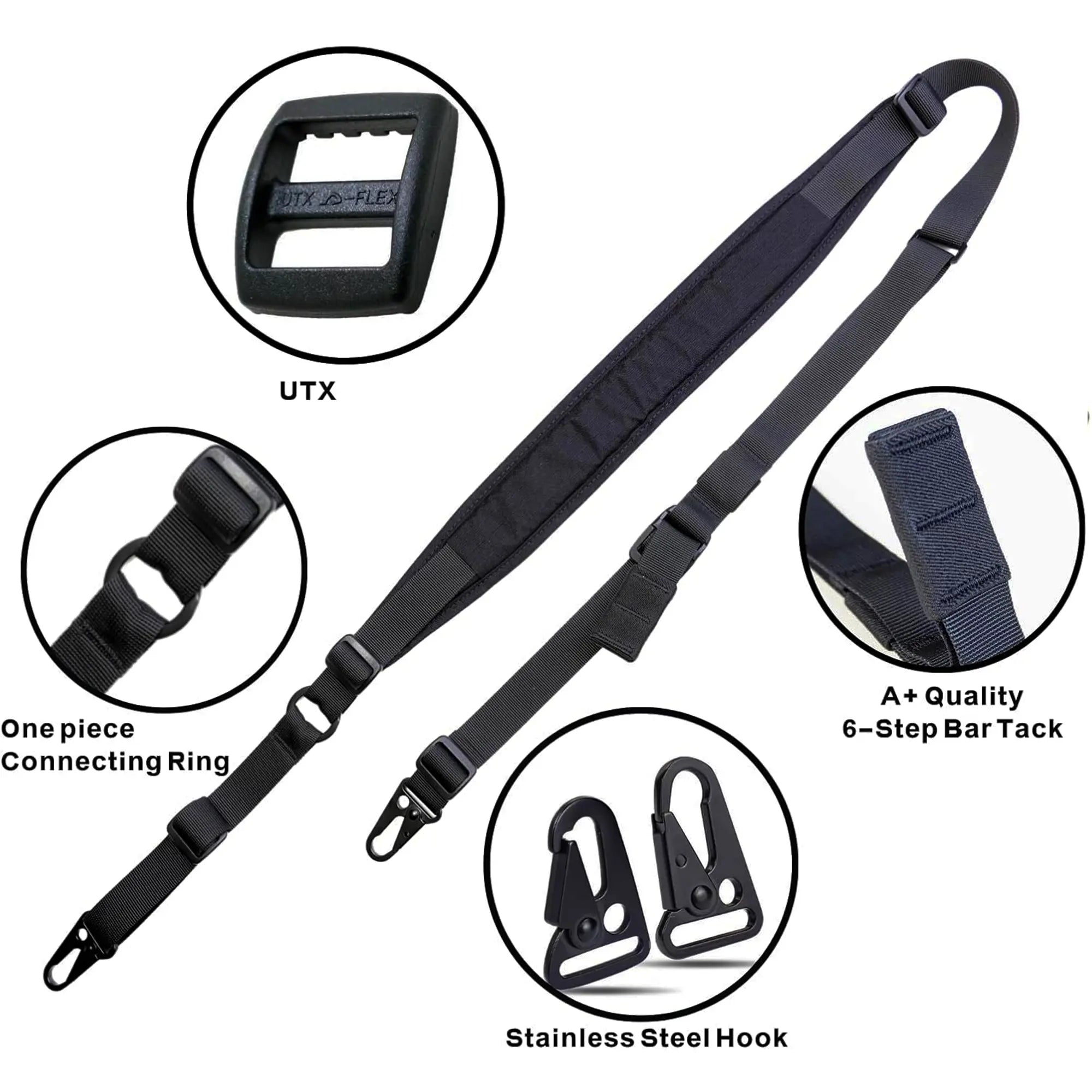 Black VR gunstock sling with detailed features on a white background