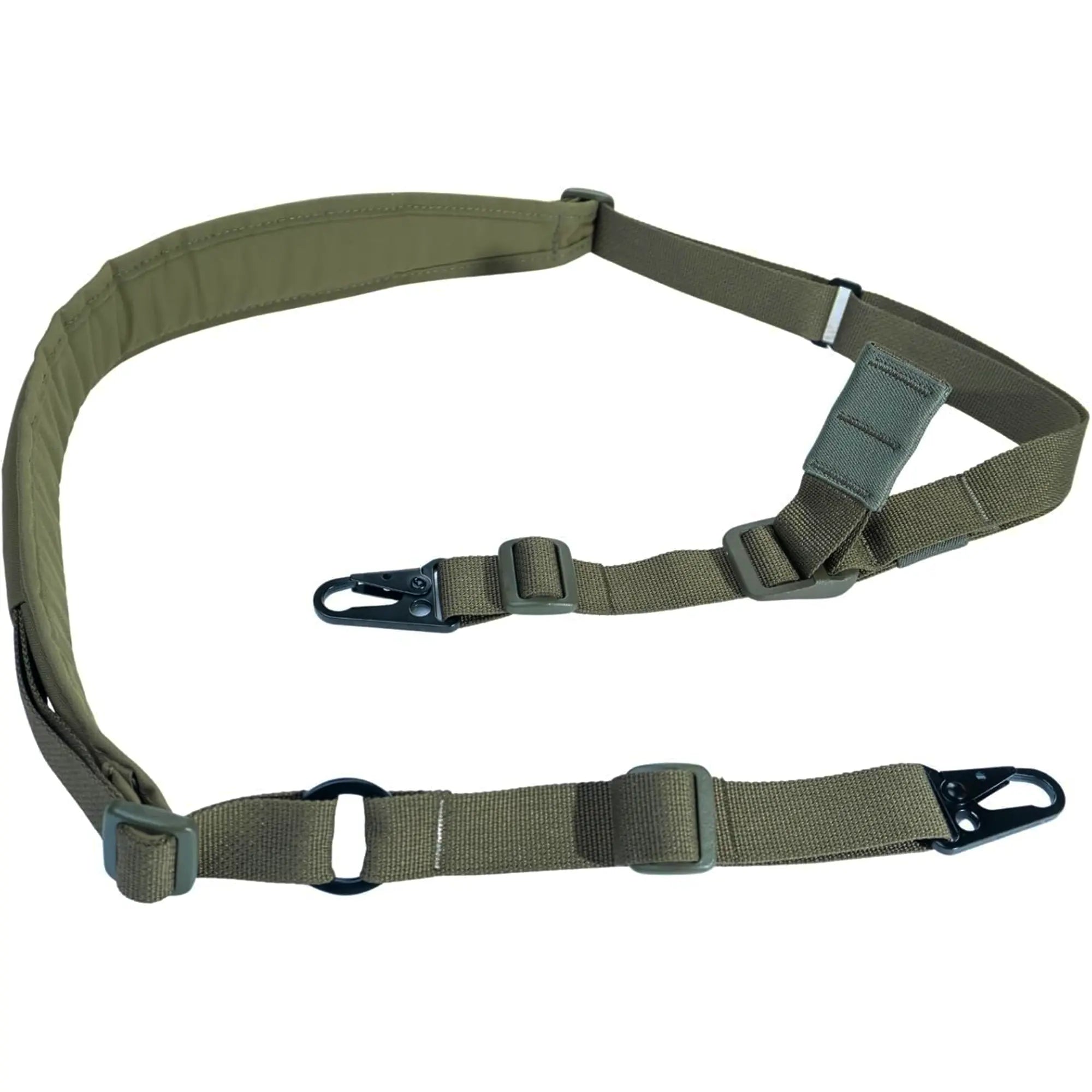 Green tactical vr gunstock sling with two straps and metal hooks on a white background
