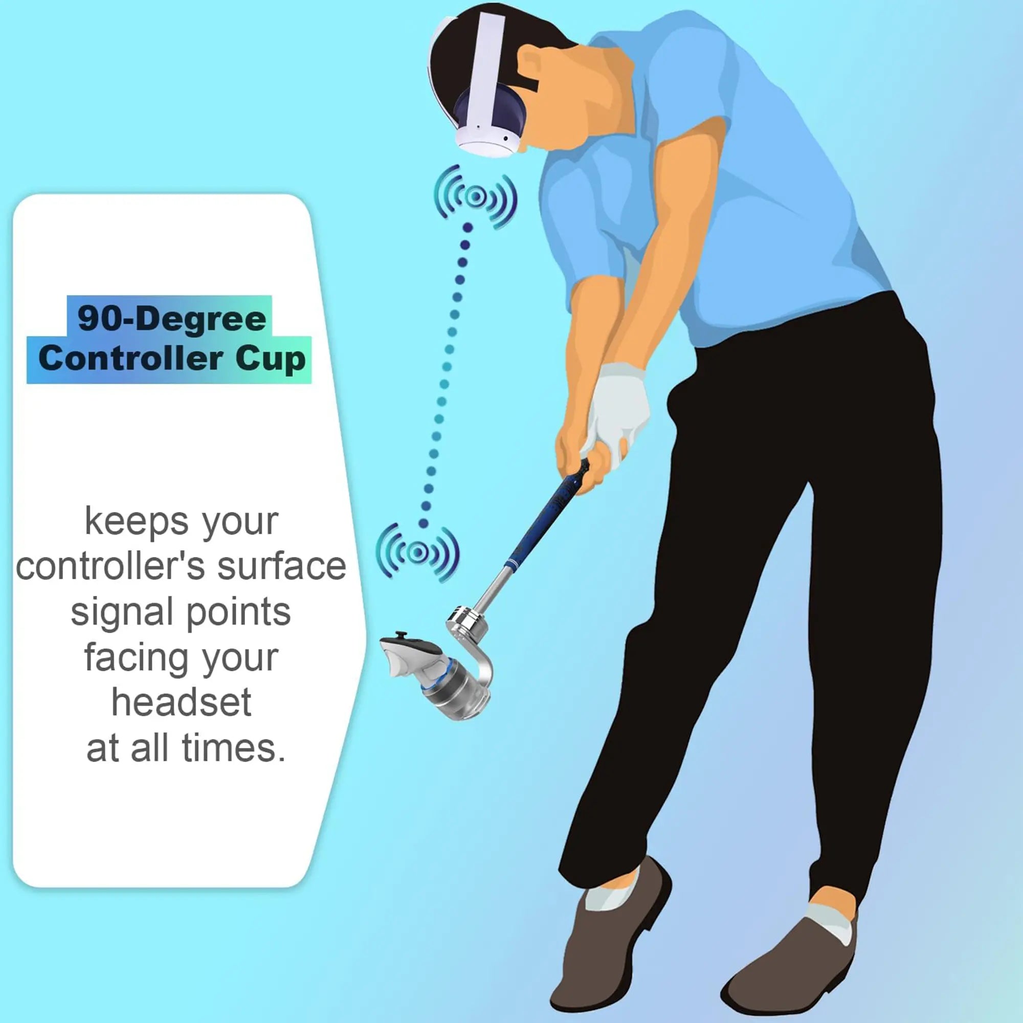 Illustration of a person holding a golf club with text about a 90-degree controller cup on a blue background.