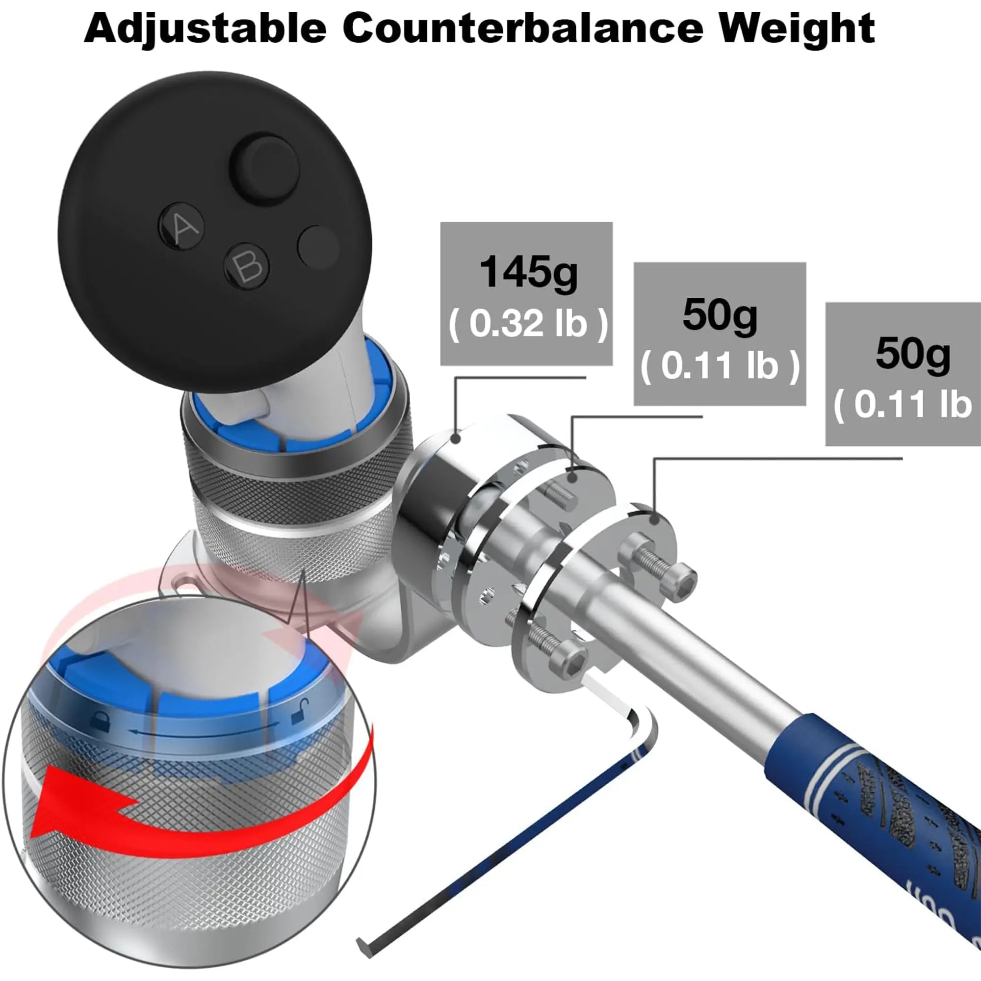 Technical view of a VR golf club counterbalance system with removable iron weights for adjustable swing physics and realistic feel.