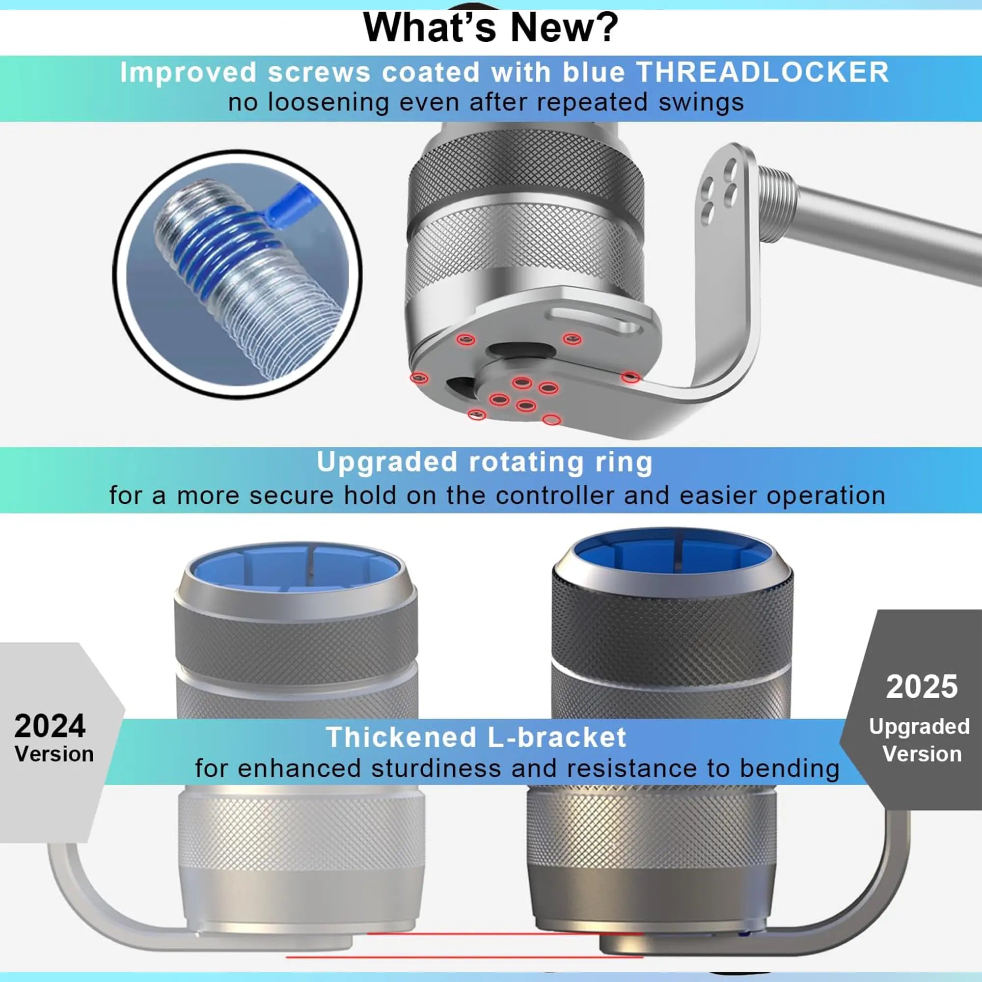 Product improvement features with text and close-up details on a blue background