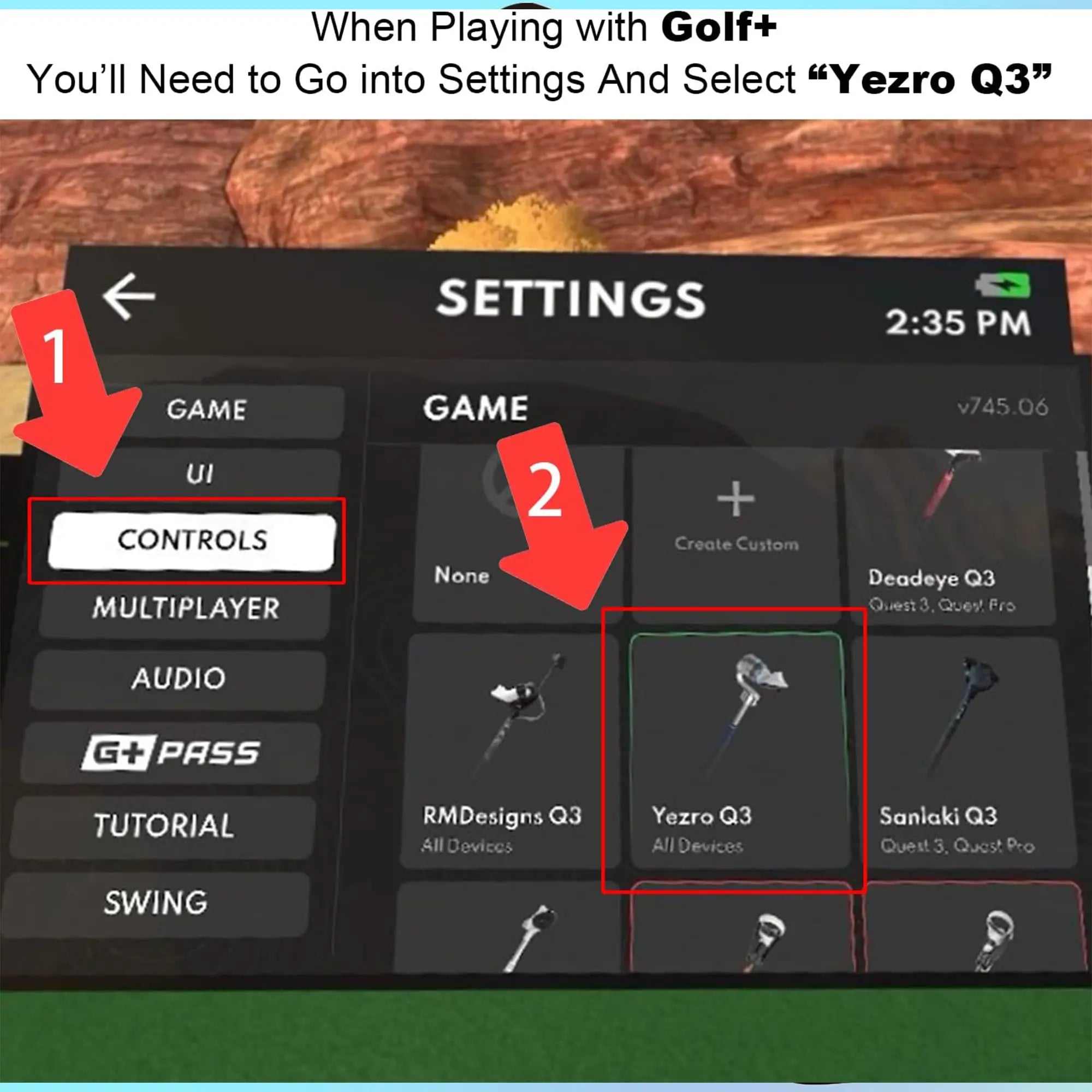 Settings menu on a device with 'Yezro Q3' selected for golf+ app.