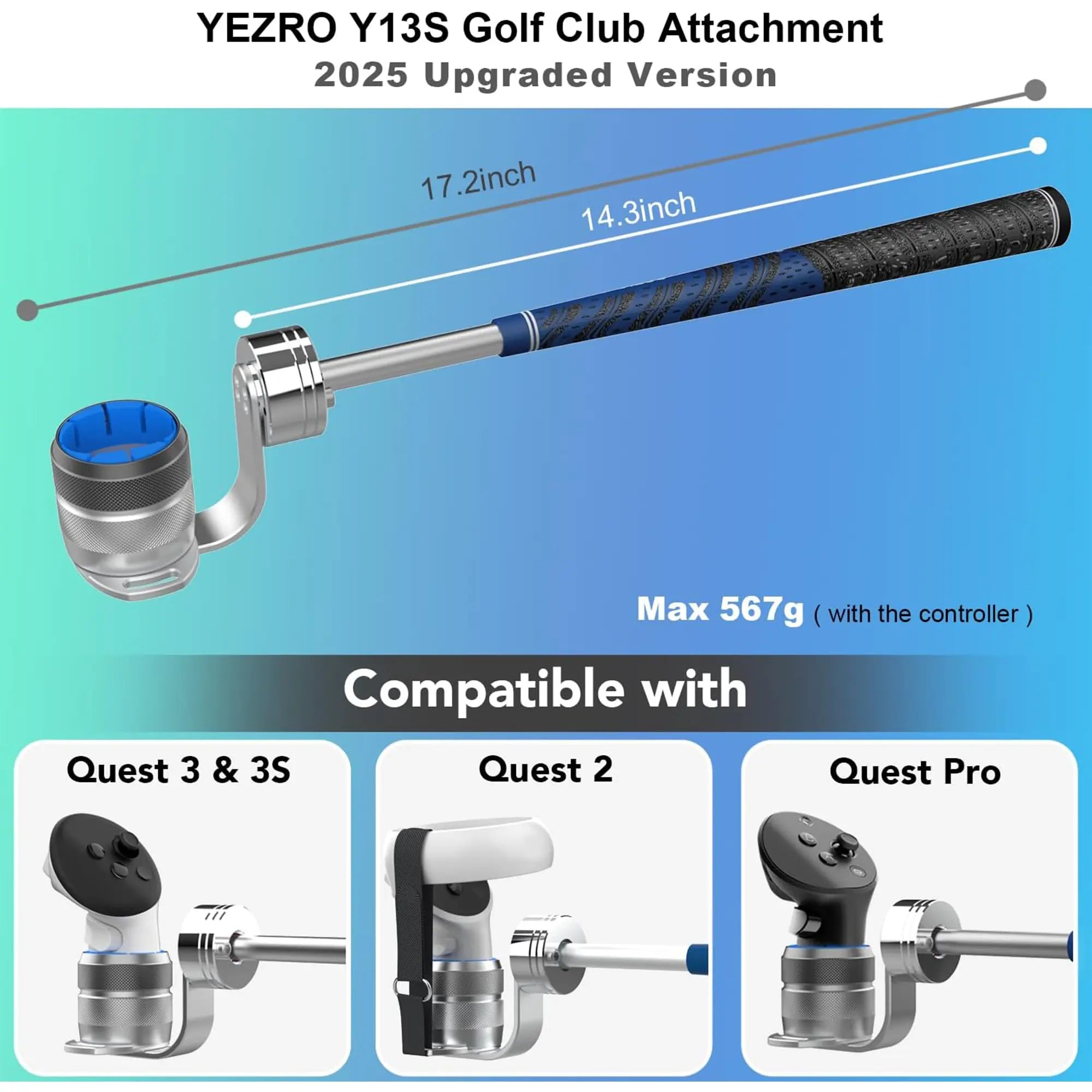 YEZRO Y13S Golf Club Attachment with compatibility details on a blue and green gradient background
