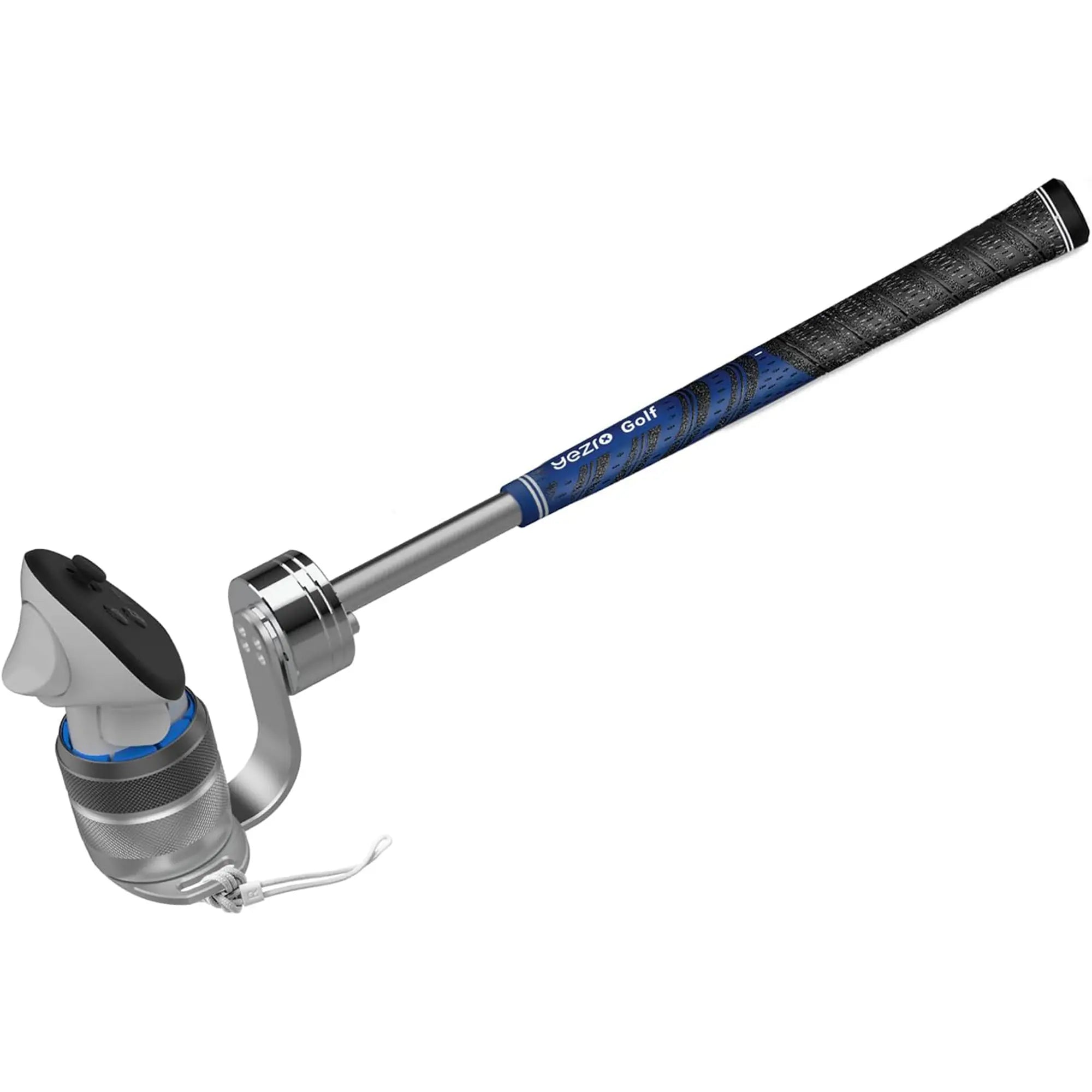 Premium Yezro VR golf club handle with blue rubberized grip and aviation aluminum shaft isolated on a white background.